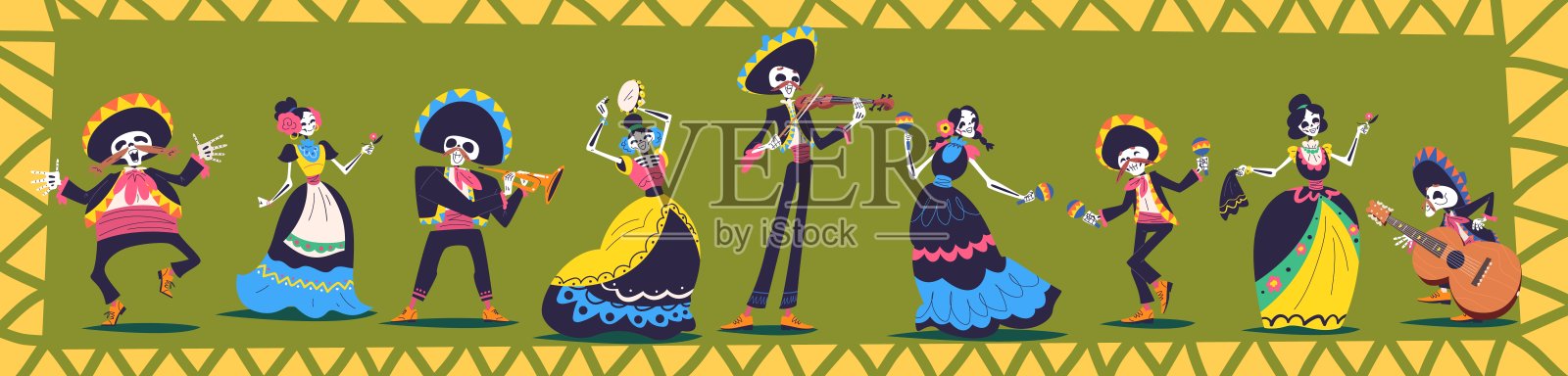 日死角色。身穿墨西哥传统服装的骷髅卡特琳娜在墨西哥流浪乐队音乐、亡灵节或万圣节派对上跳舞插画图片素材