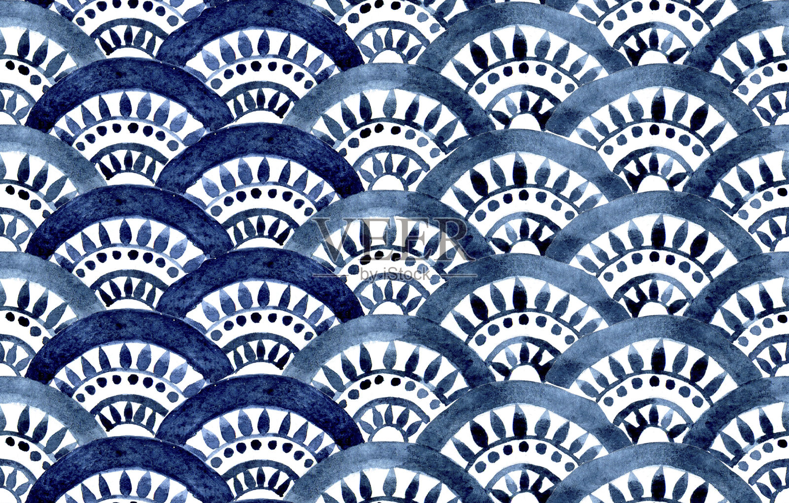 水彩无缝模式。蓝色东方装饰，鱼鳞。摩洛哥瓷砖。真正的手绘插画图片素材