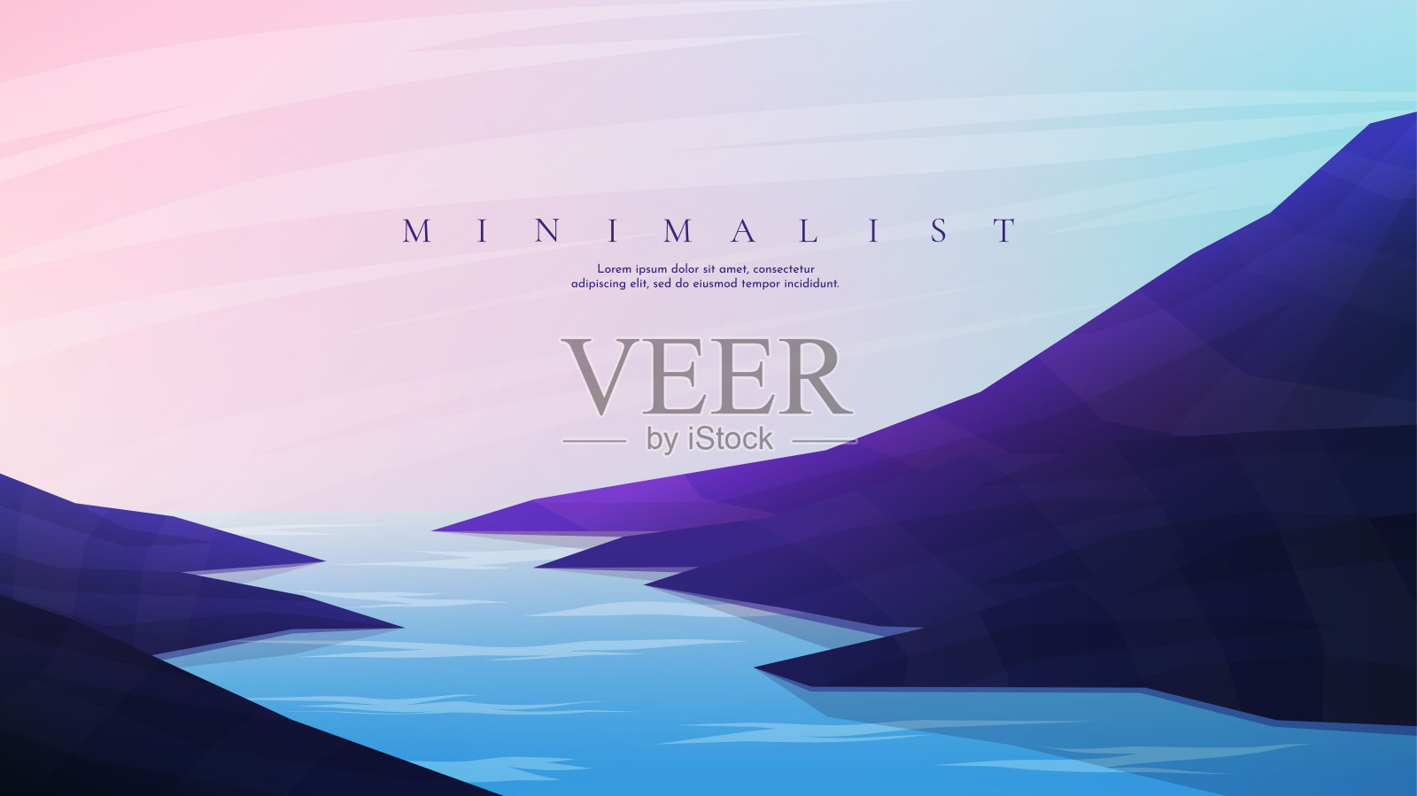 矢量插图。草甸多边形景观。晴朗的天空背景。三角形的形状。靠近水的山丘。图形现代壁纸。极简主义的风格。网页横幅，网站模板的设计元素插画图片素材