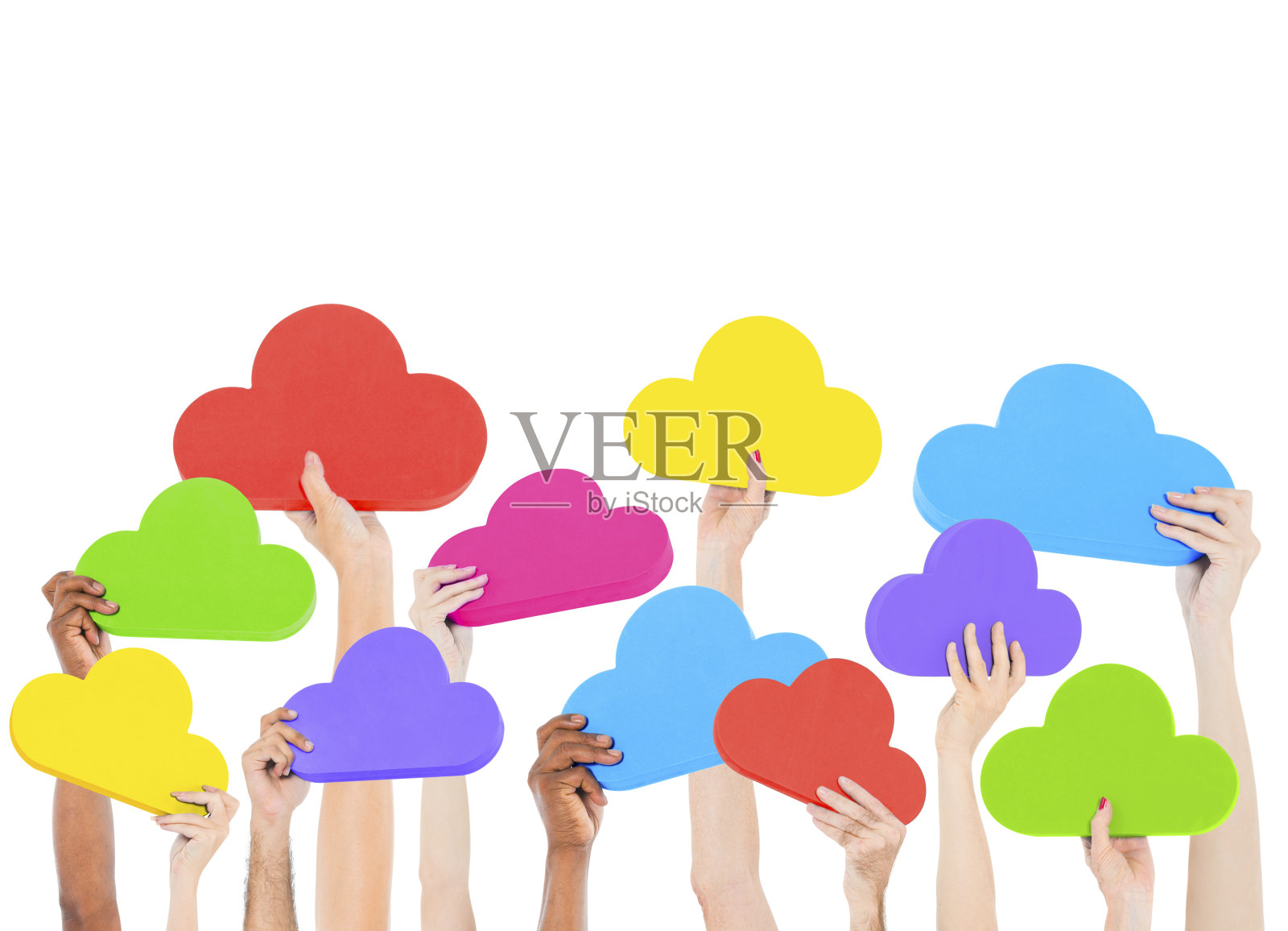 手握各种颜色的云在白色的背景照片摄影图片