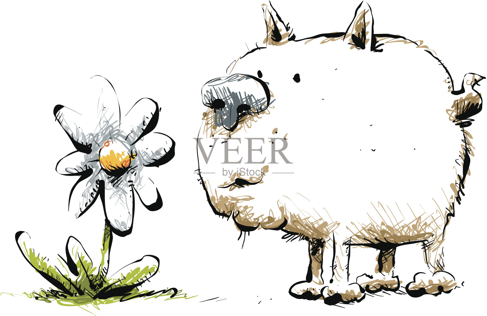 狗嗅花插画图片素材