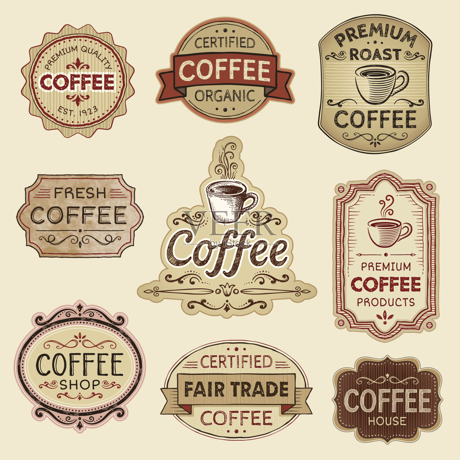 手绘复古咖啡标签插画图片素材