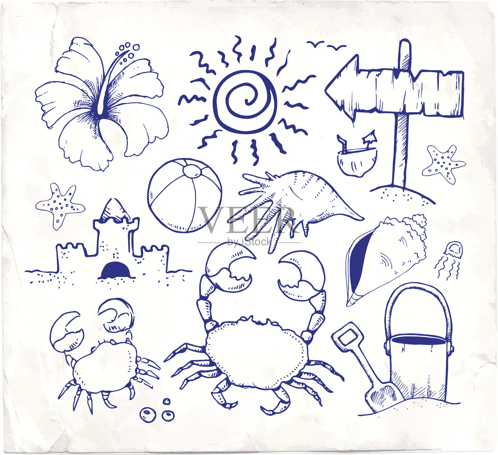 海滩和夏季矢量笔素描在白纸上插画图片素材