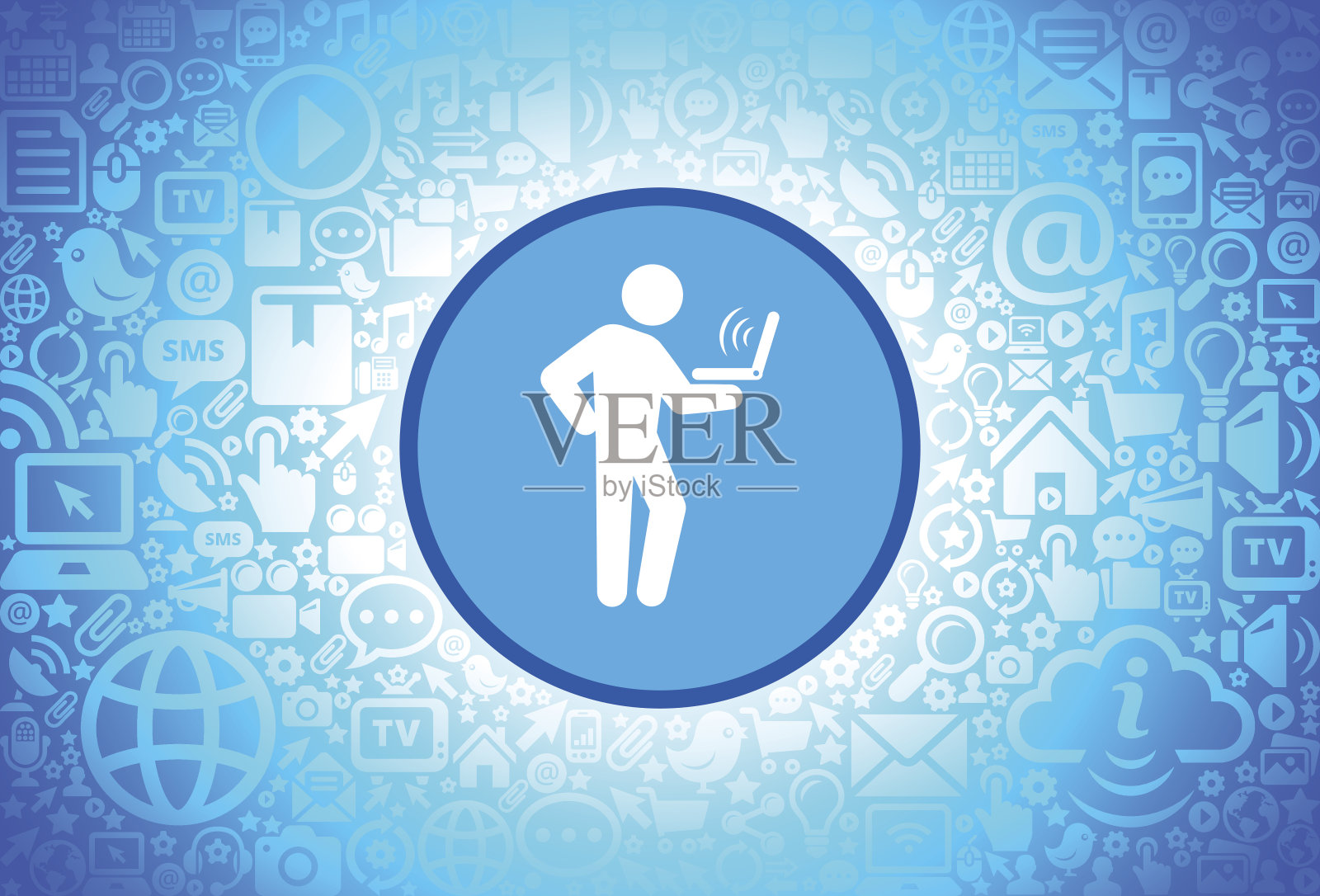 在互联网技术背景上使用笔记本电脑图标的人插画图片素材