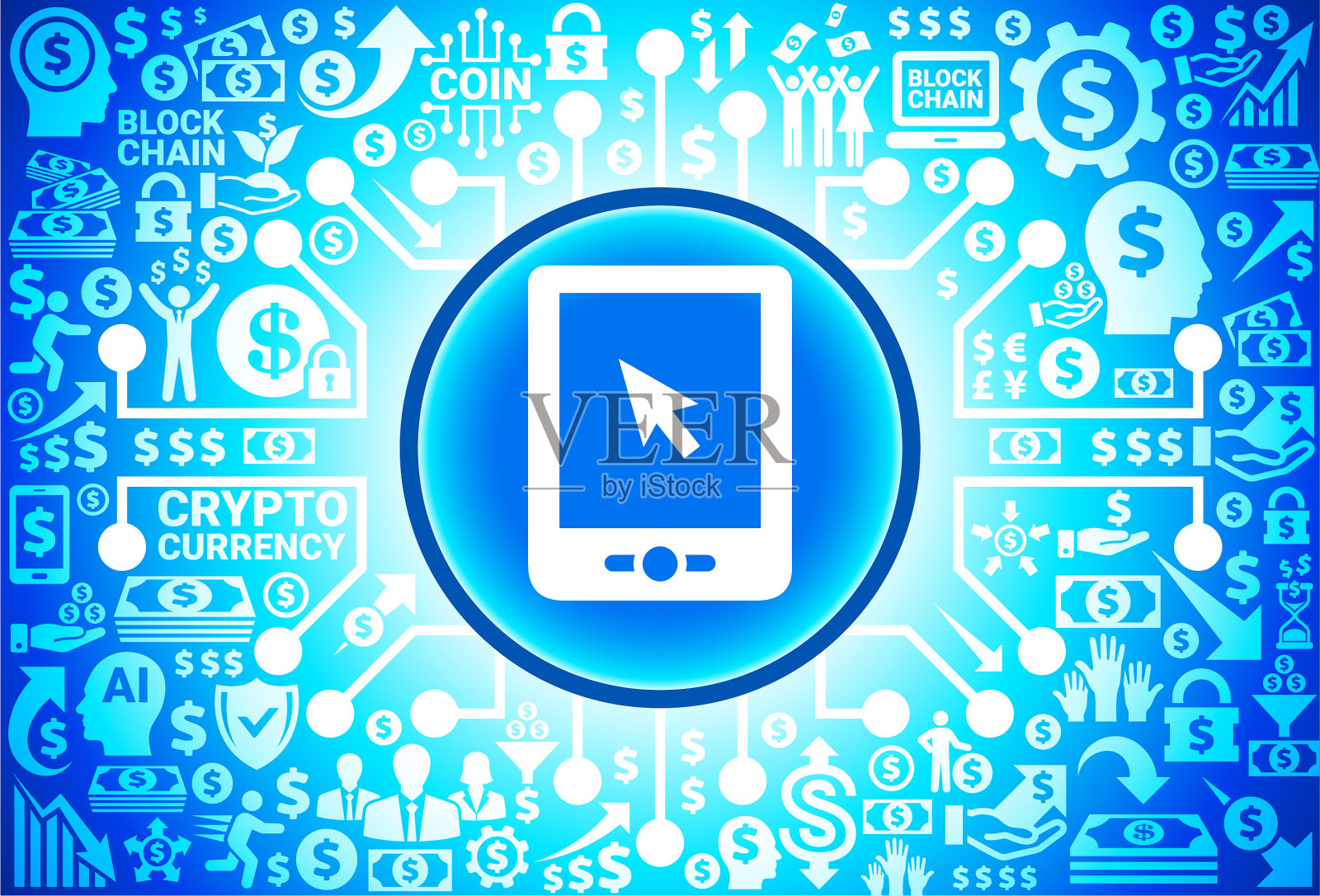 货币和加密货币背景上的平板电脑图标插画图片素材