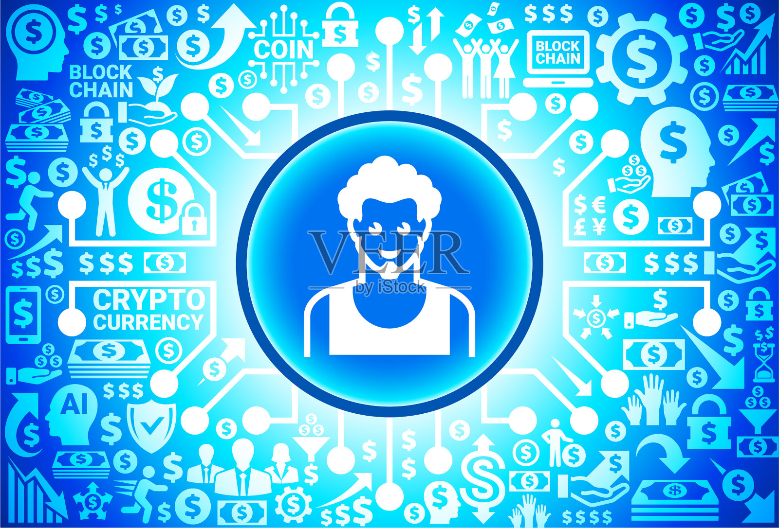 货币和加密货币背景上的男子面部肖像图标插画图片素材