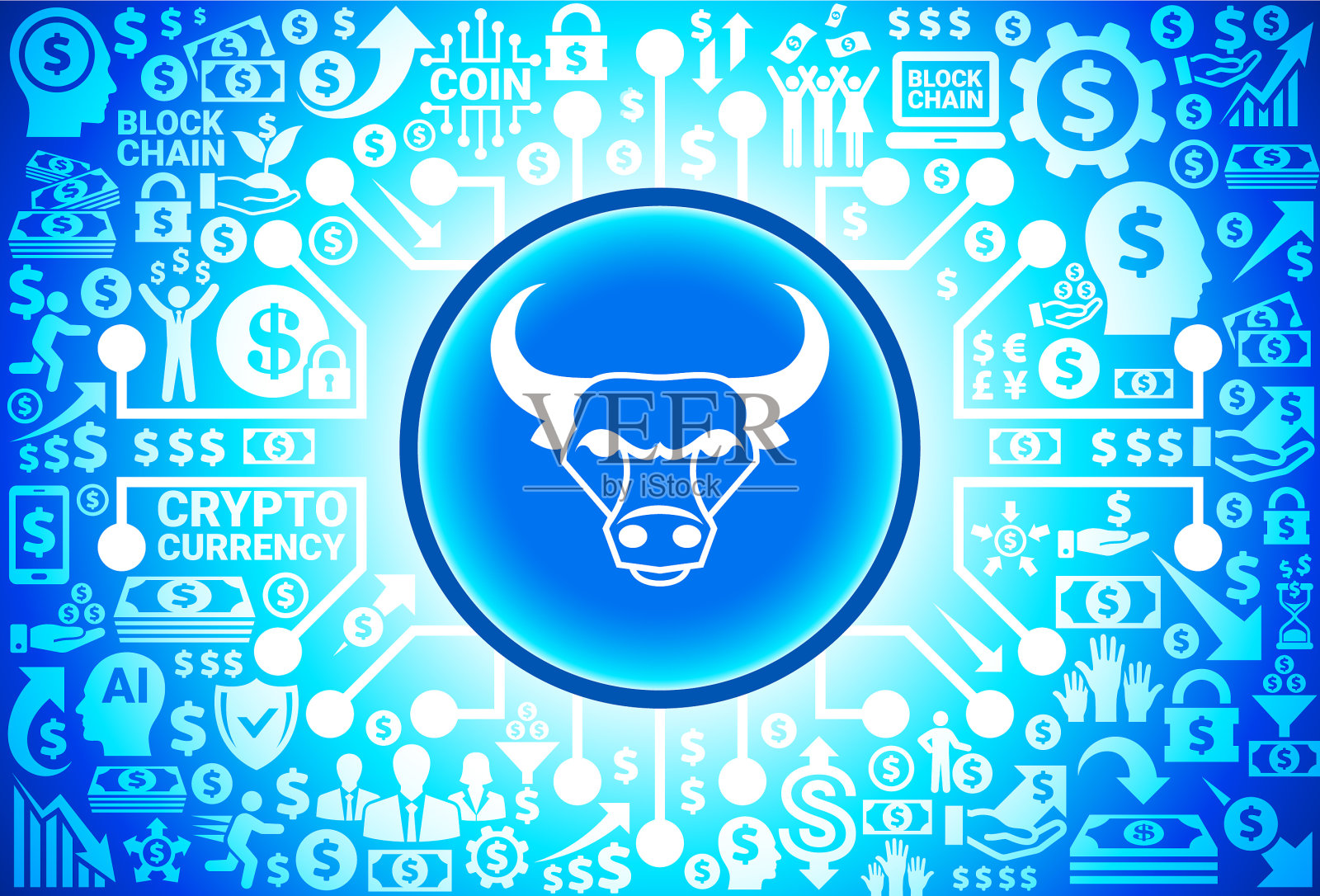 货币和加密货币背景上的公牛和角图标插画图片素材