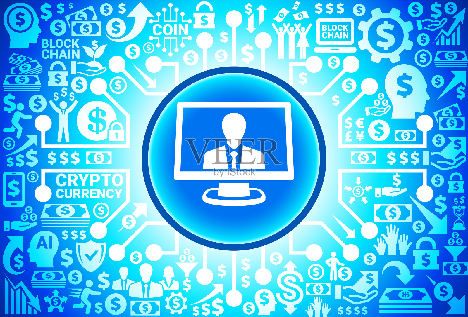 货币和加密货币背景上的计算机通信图标插画图片素材