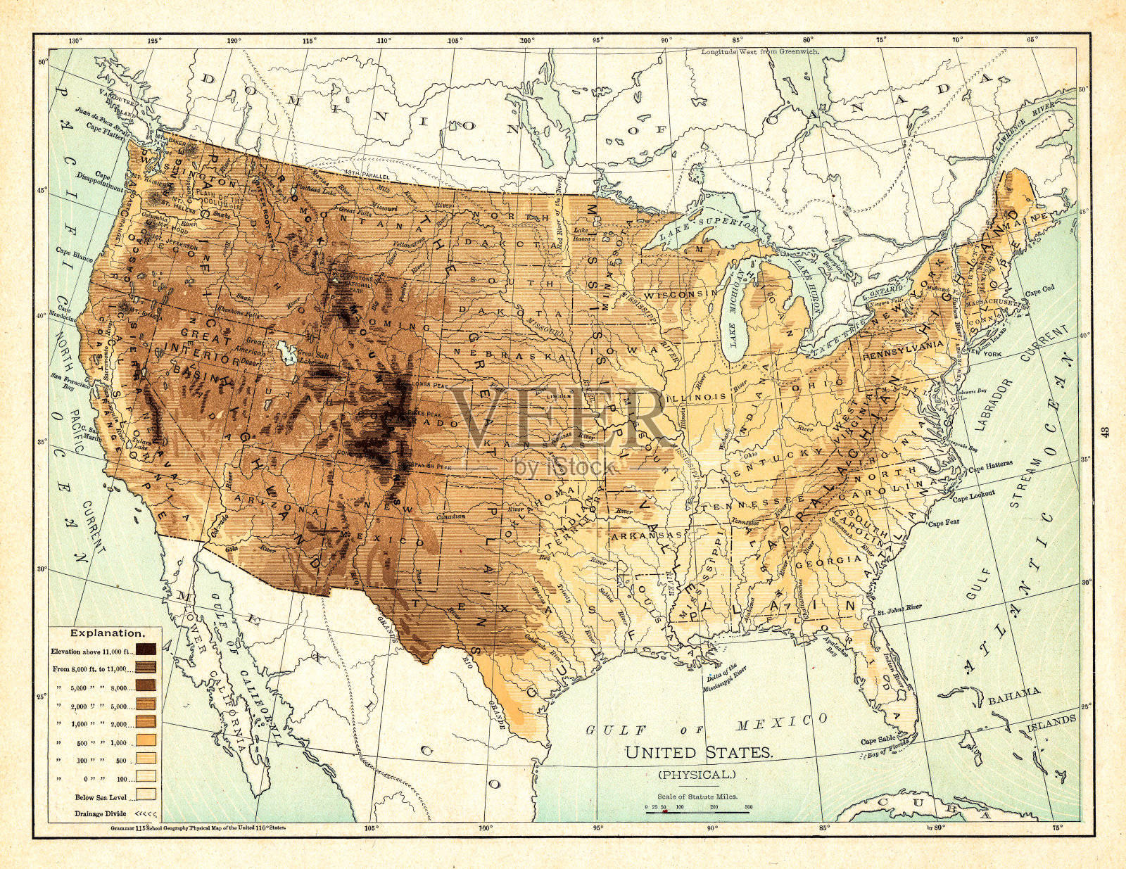 1895年的美国物理地图插画图片素材
