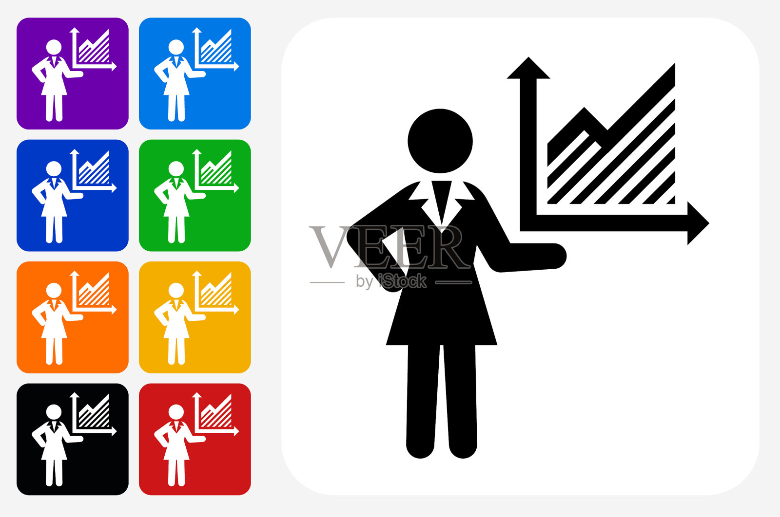 女商人和图表图标方形按钮设置插画图片素材