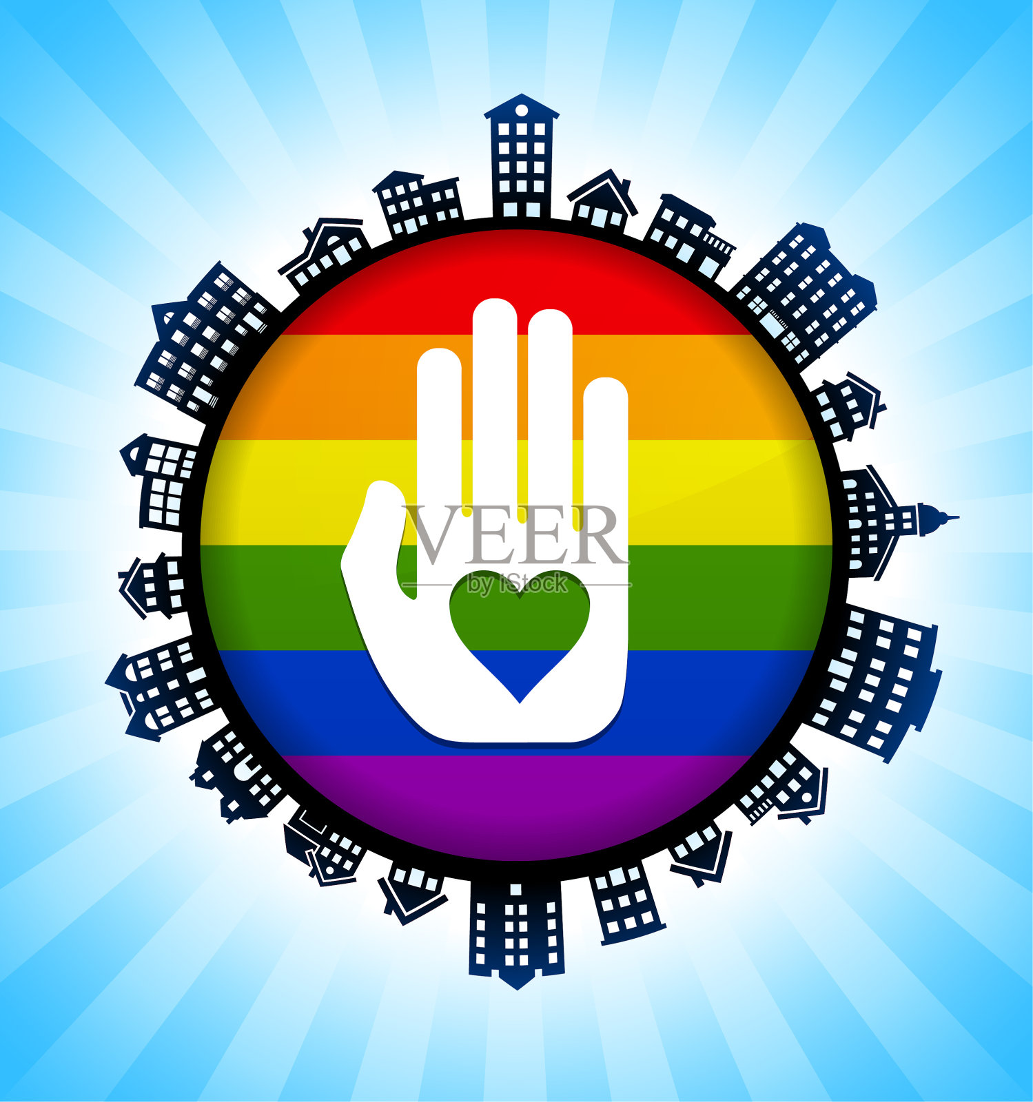 手与心：乡村城市天际线背景插画图片素材