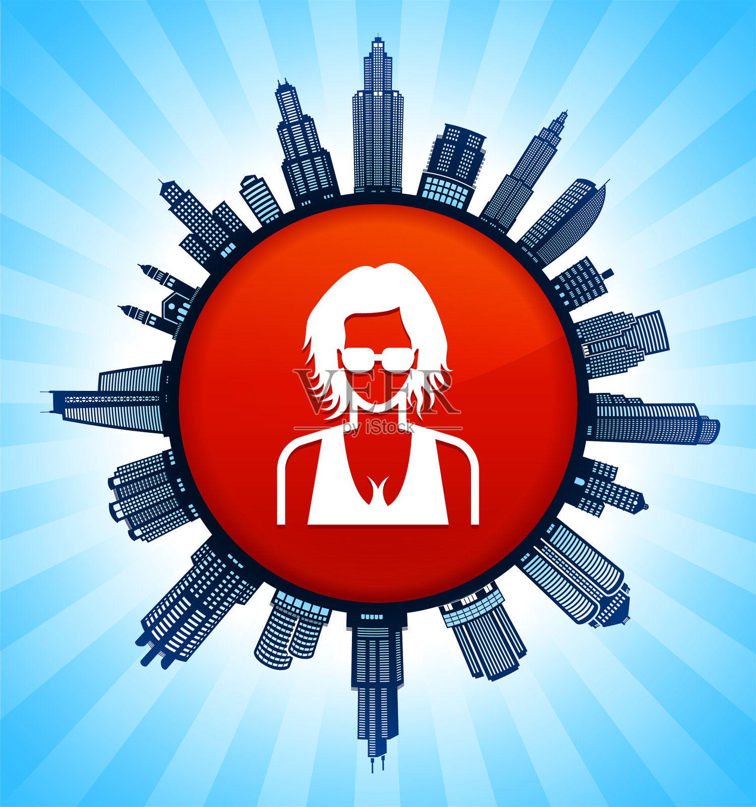 现代城市天际线背景中的女性面孔插画图片素材