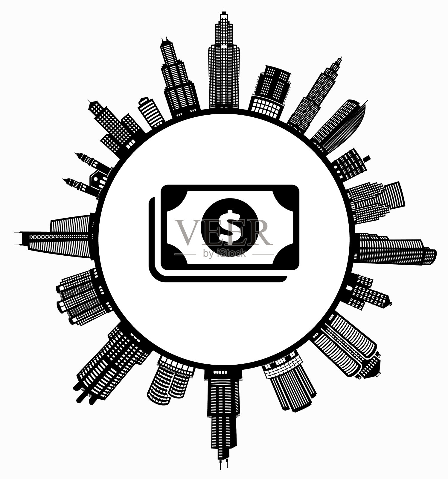 现金在现代城市景观天际线背景插画图片素材