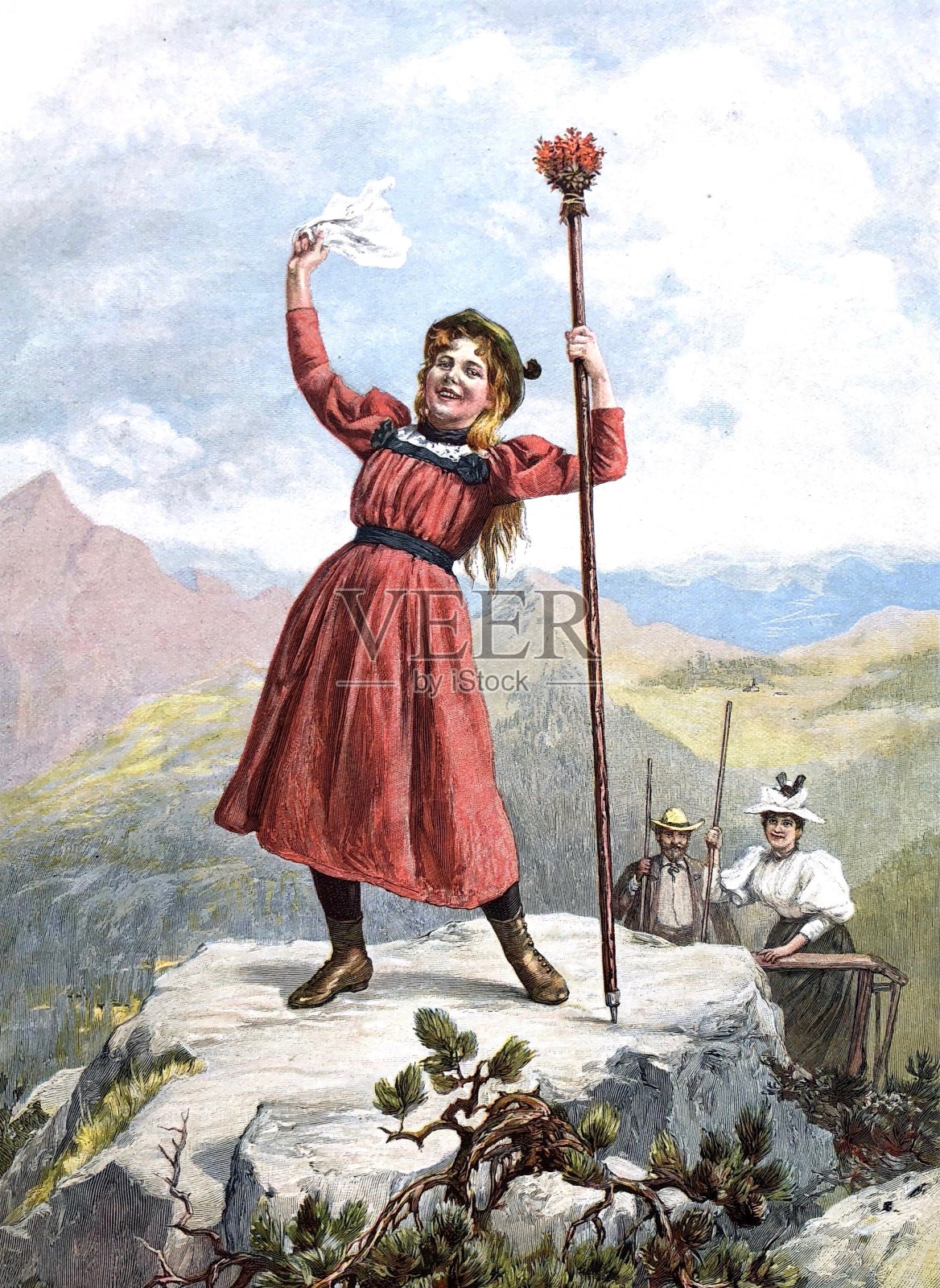 女孩在山顶招手插画图片素材