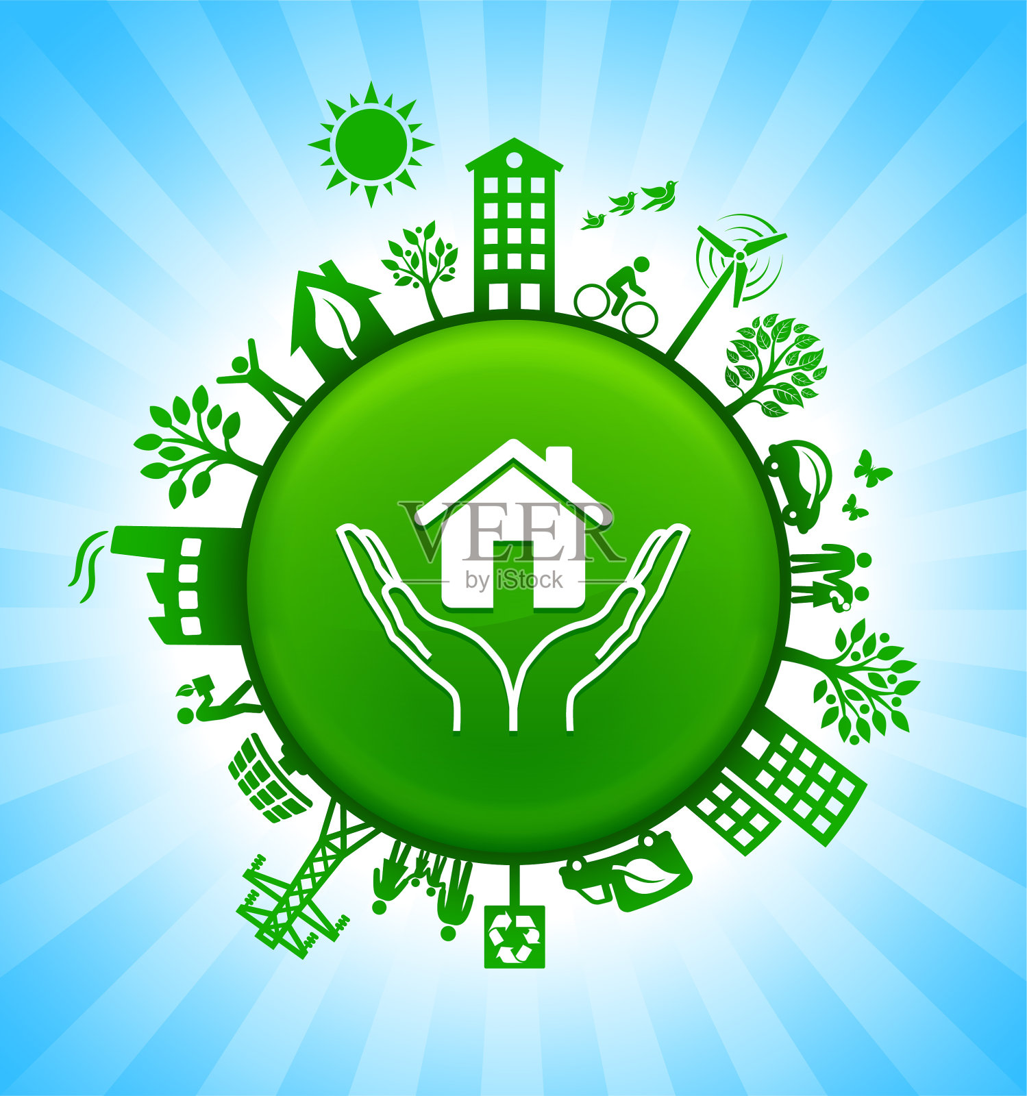 持有房地产环境绿色按钮背景在蓝天插画图片素材