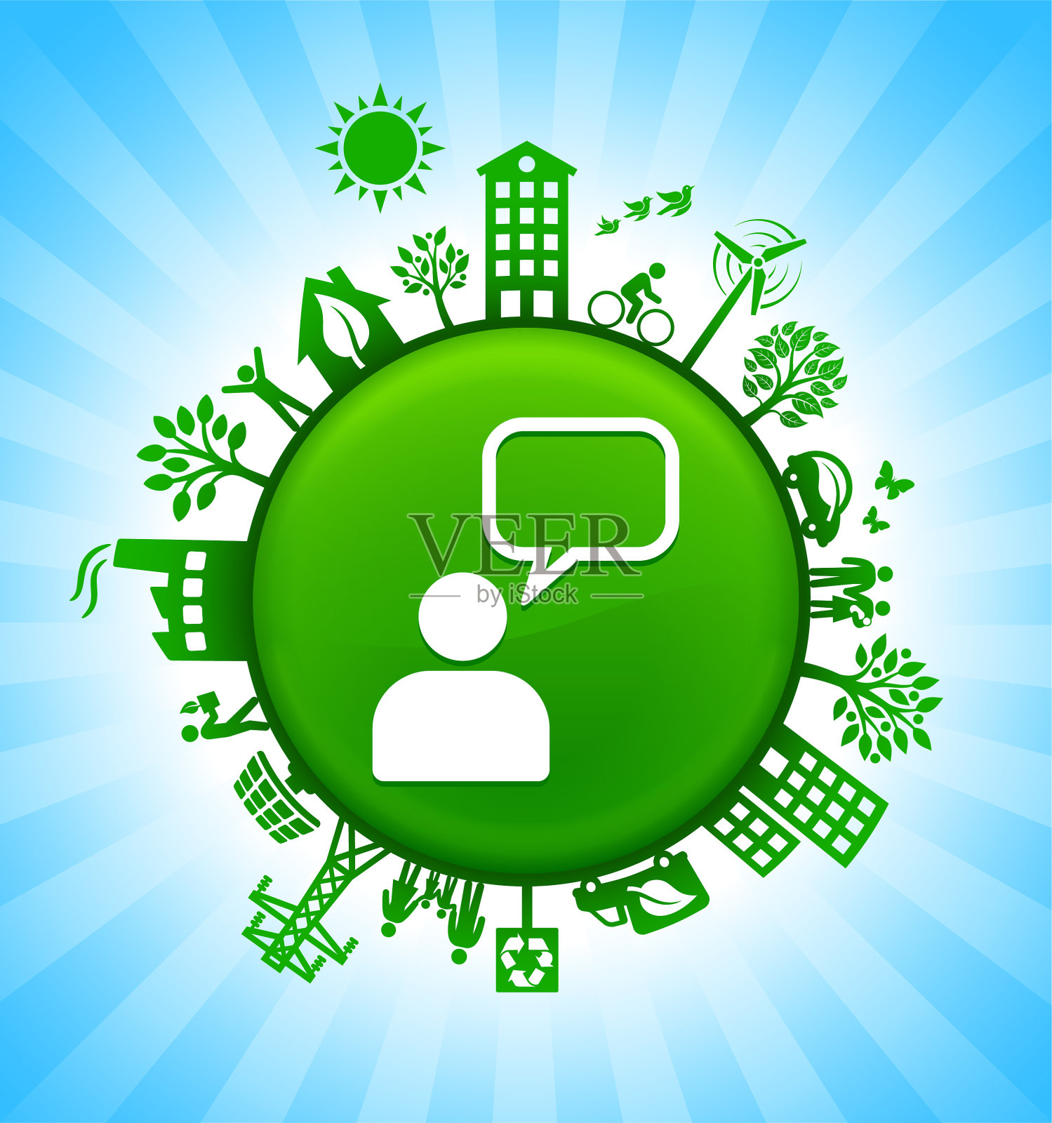 蓝天上聊天气泡环境绿色按钮背景插画图片素材