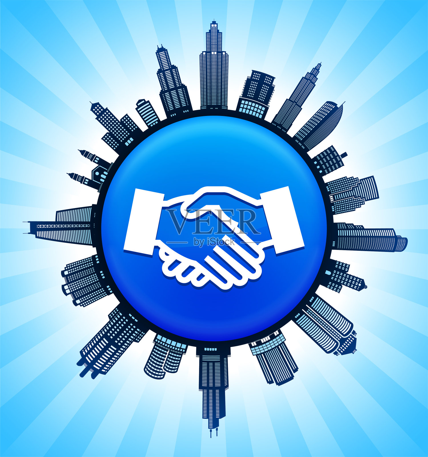 握手在现代城市景观天际线背景插画图片素材