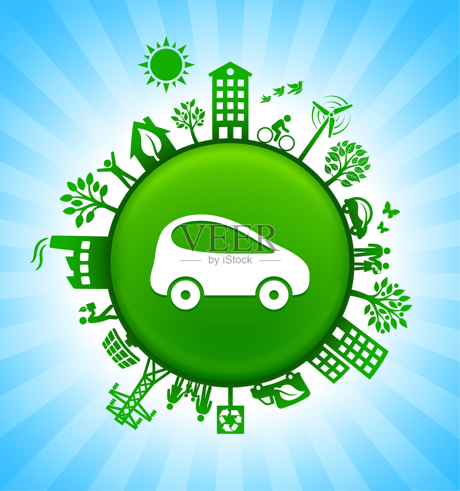 汽车环境绿色按钮背景在蓝天插画图片素材