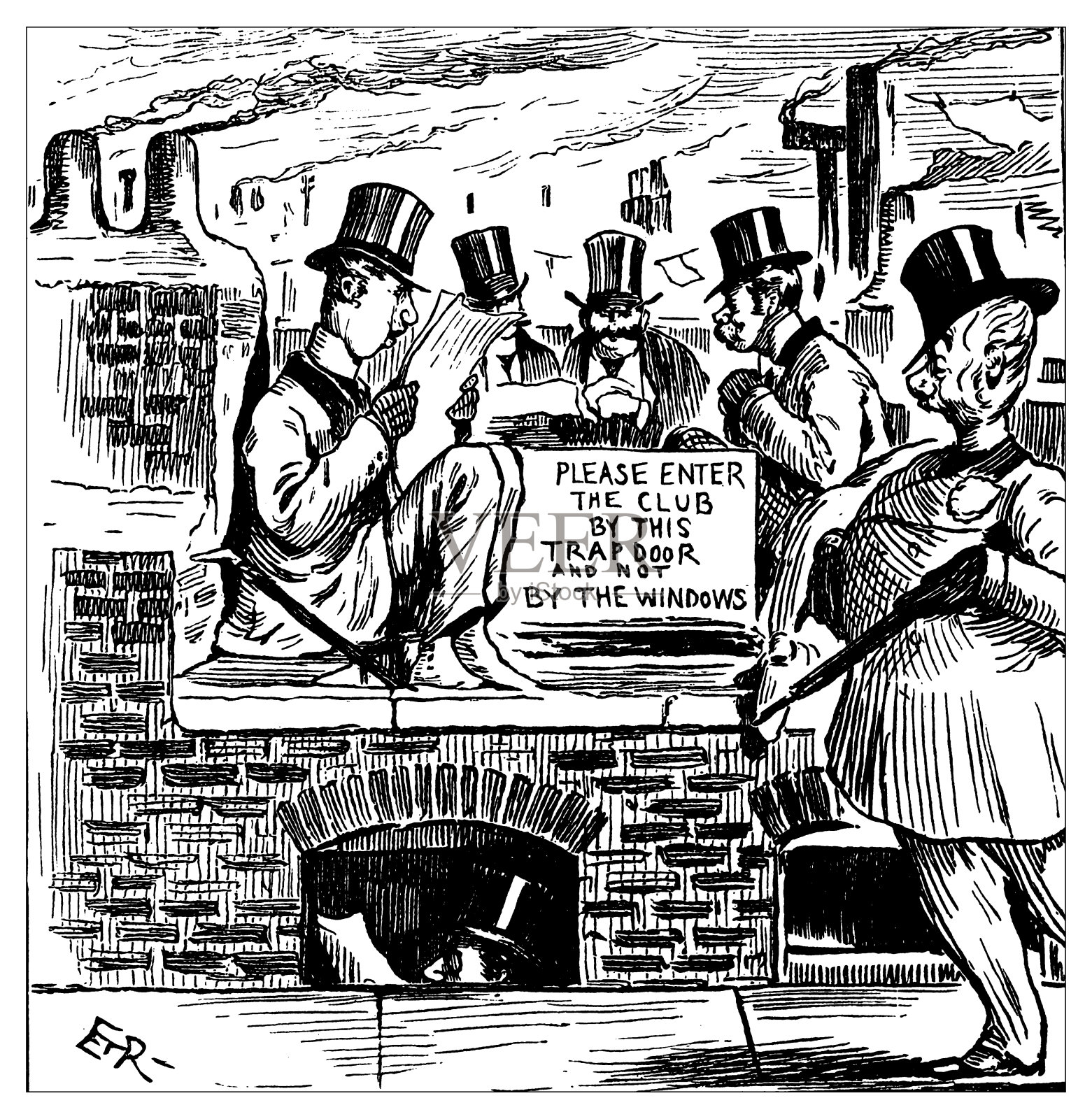 英国伦敦讽刺漫画漫画漫画插图:俱乐部屋顶插画图片素材