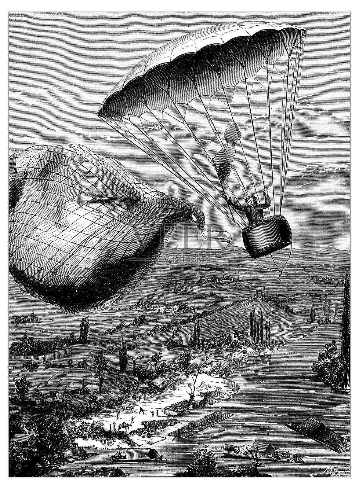 科学发现的古董插图，浮空器:雅克·加纳林降落伞插画图片素材