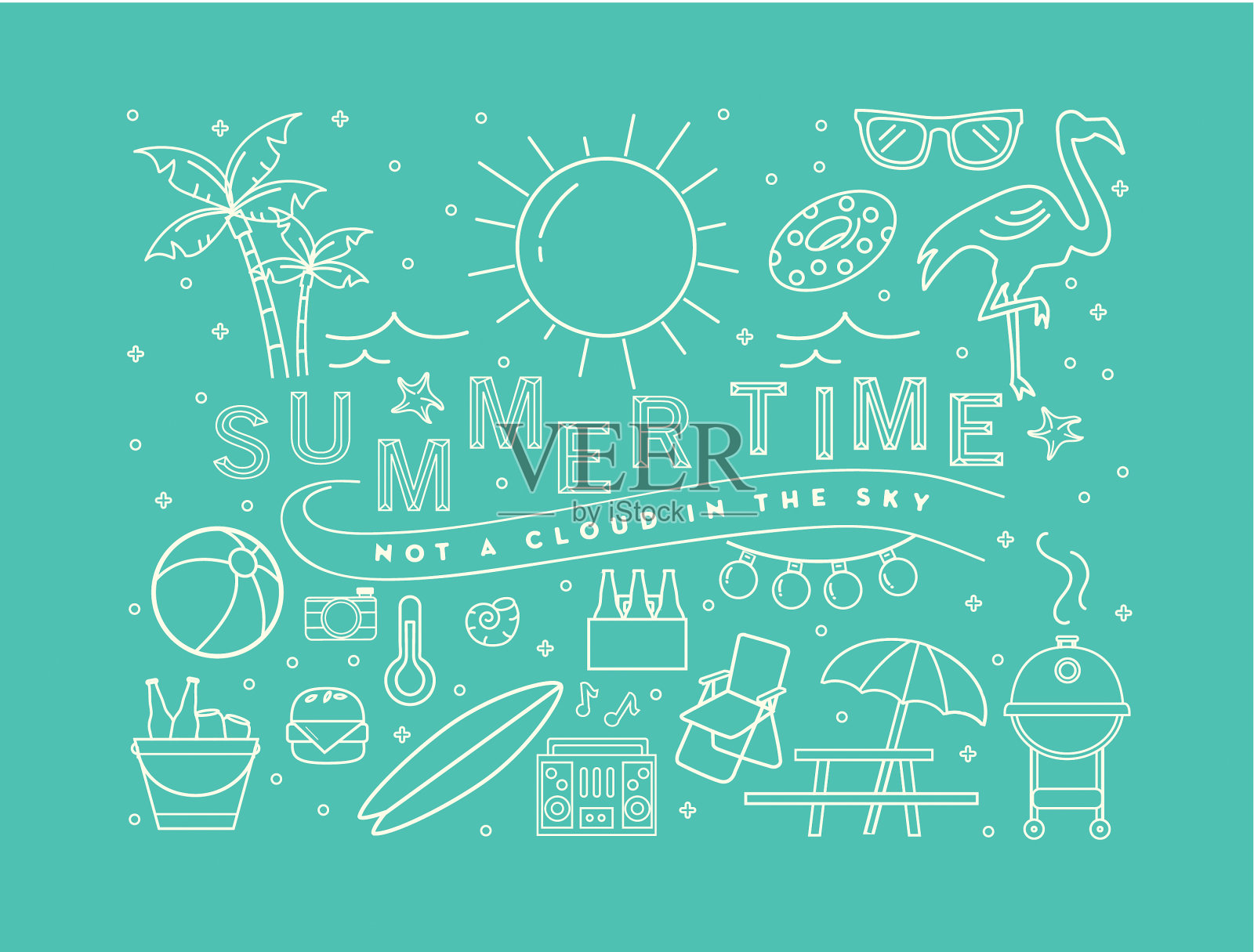 夏季旗帜设计与文本和夏季线艺术图标插画图片素材