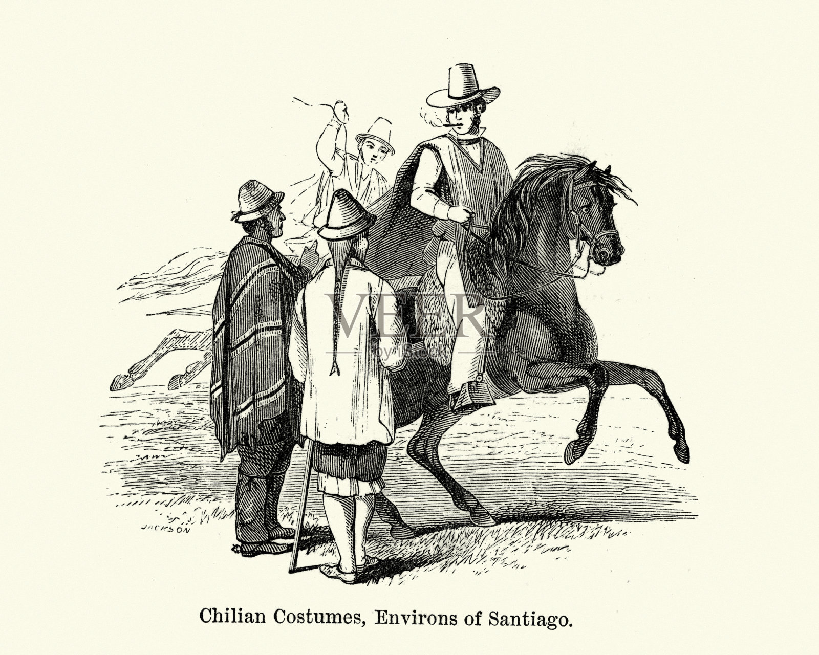 智利时装，智利传统服饰，圣地亚哥，19世纪插画图片素材