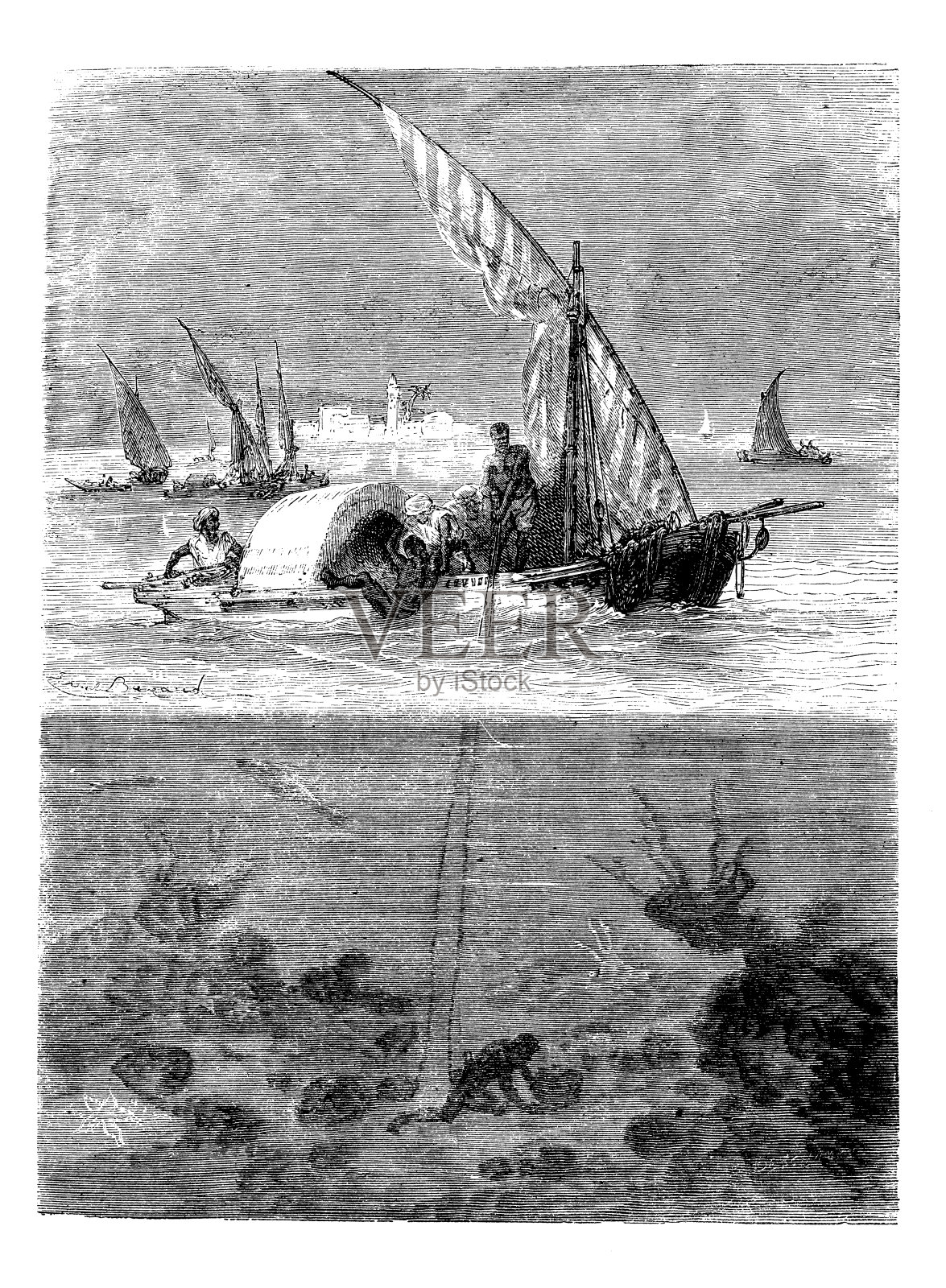 科学发现的古董插图:深海潜水插画图片素材