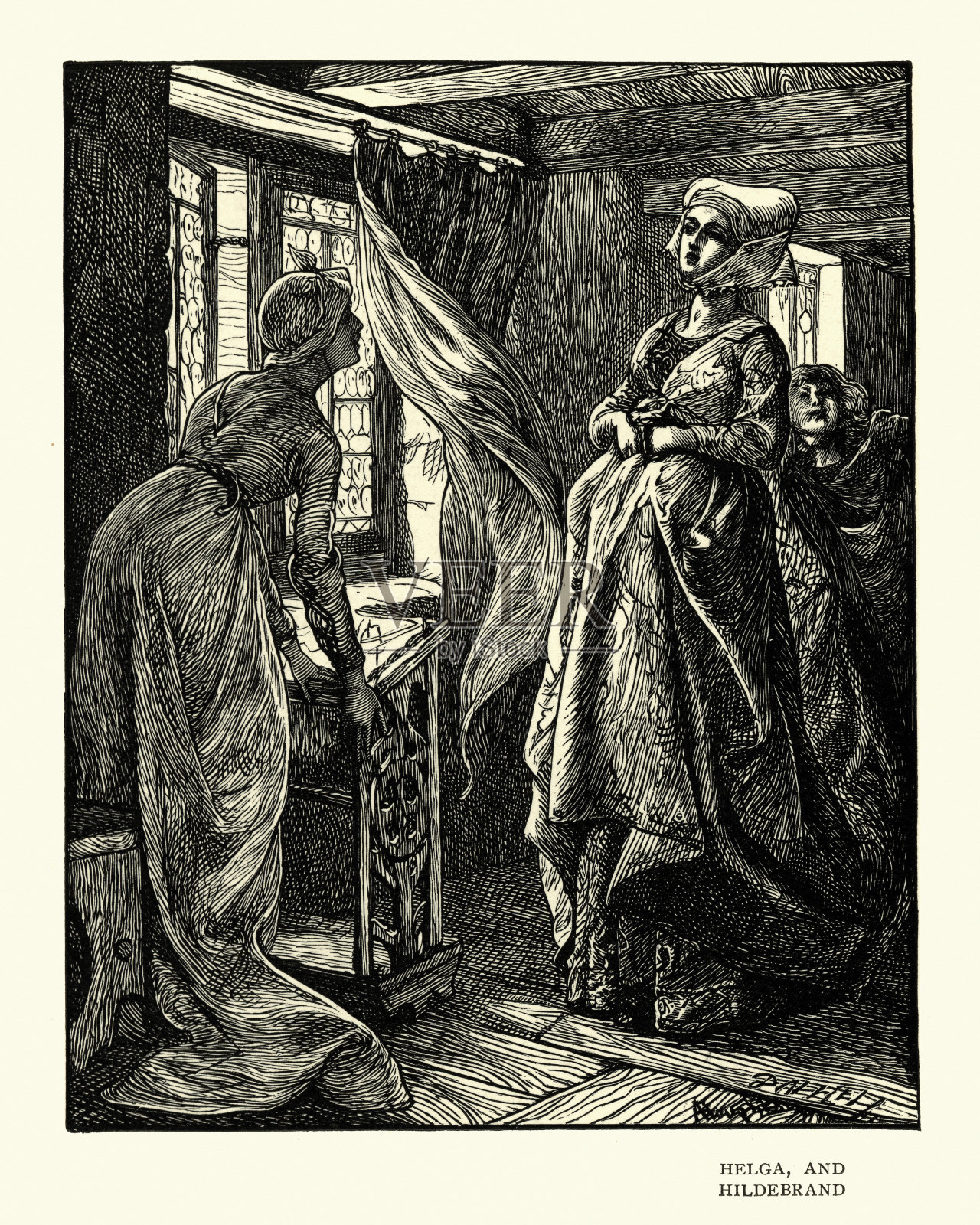 情歌故事，海尔加和希尔德布兰德插画图片素材