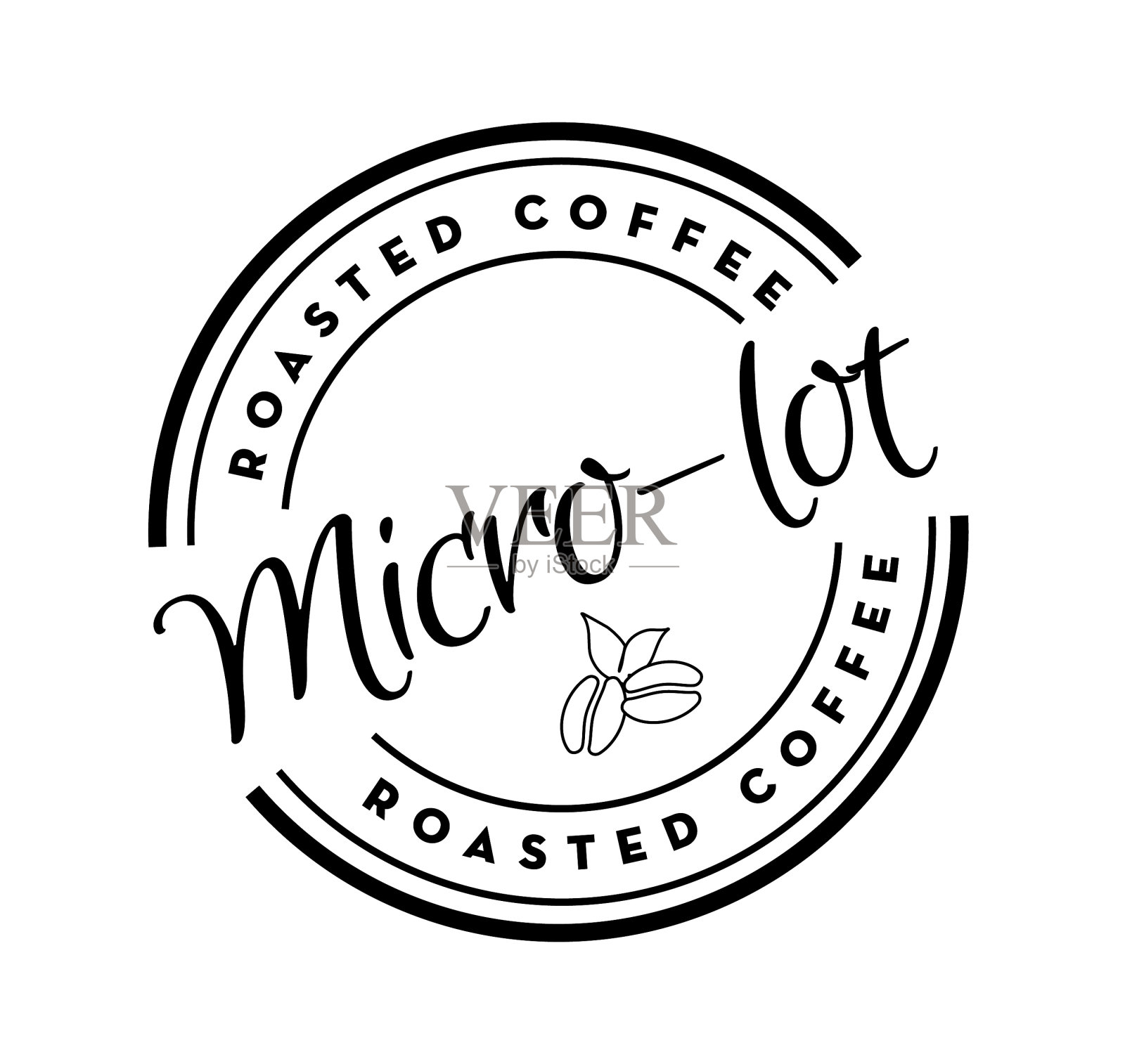 小批量烘焙咖啡圆形标签在咖啡豆上，白色背景插画图片素材