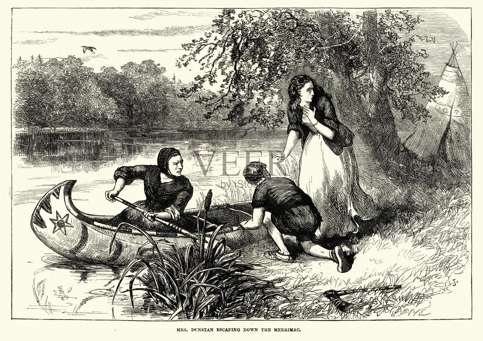 邓斯坦太太乘着独木舟顺着梅里马克号潜逃插画图片素材