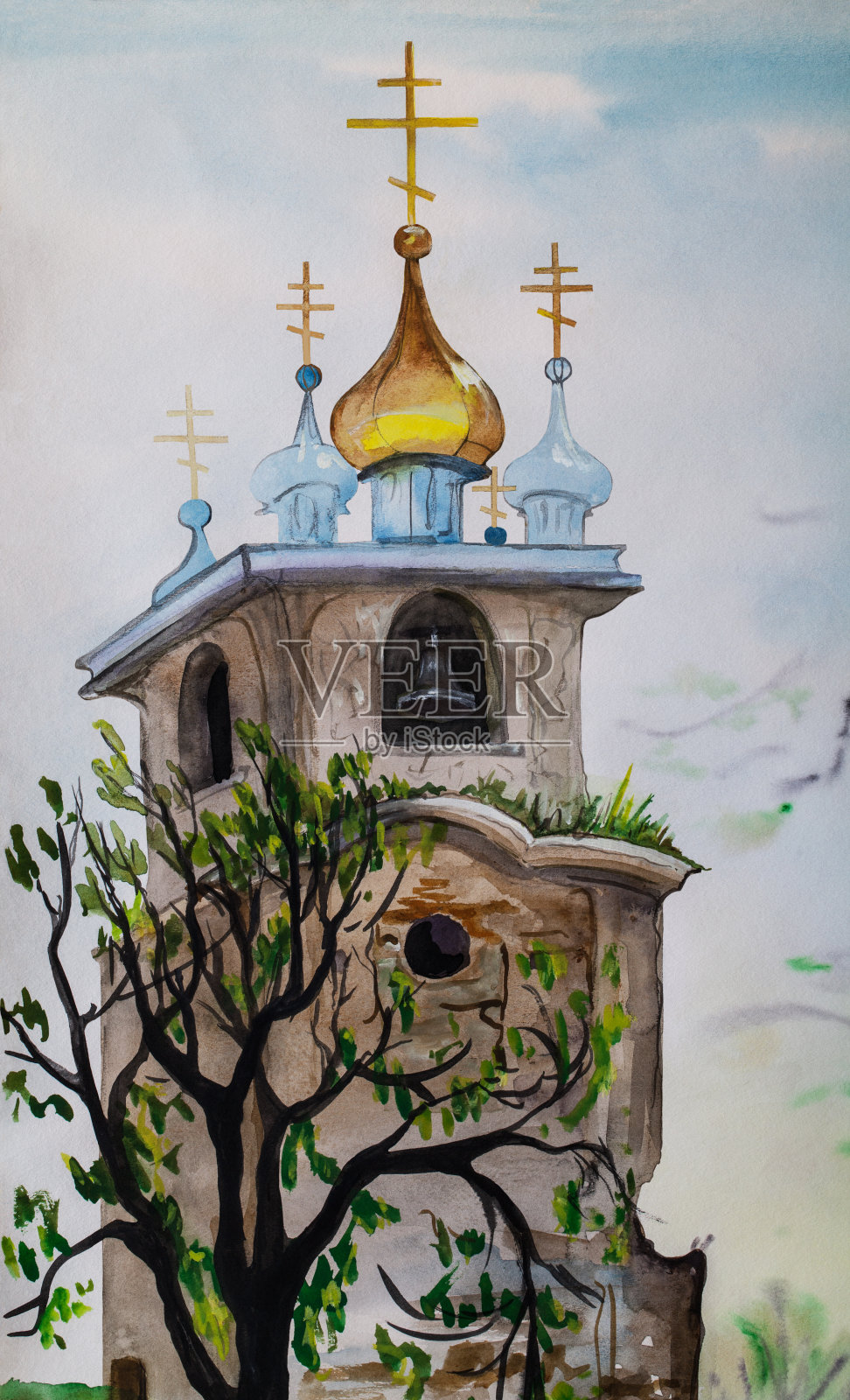时尚的插画现代艺术作品我的原画与水彩画在纸上印象派垂直建筑历史景观纪念碑乌克兰巴洛克东正教教堂在村庄撒旦插画图片素材