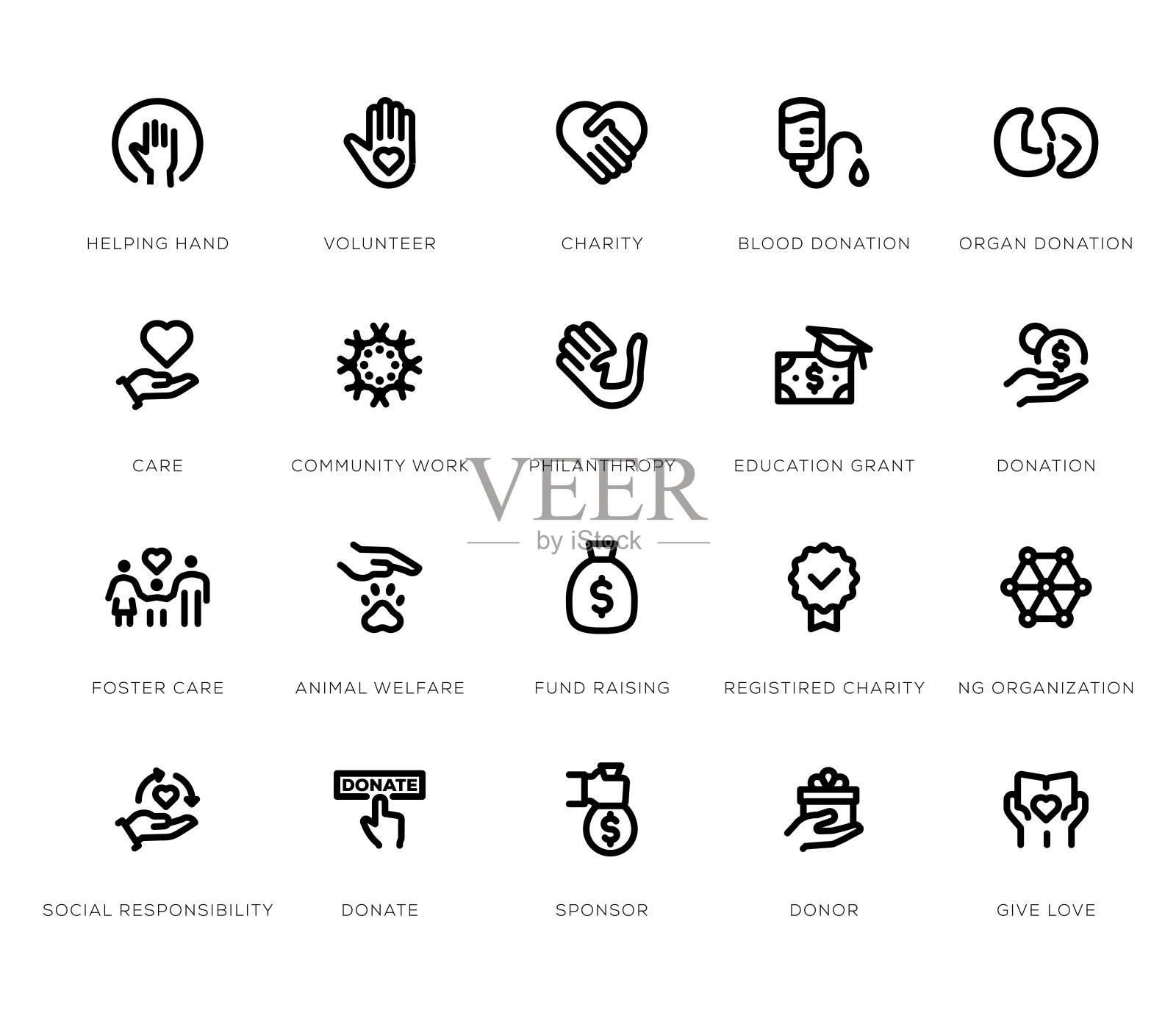 慈善和捐赠线图标集插画图片素材