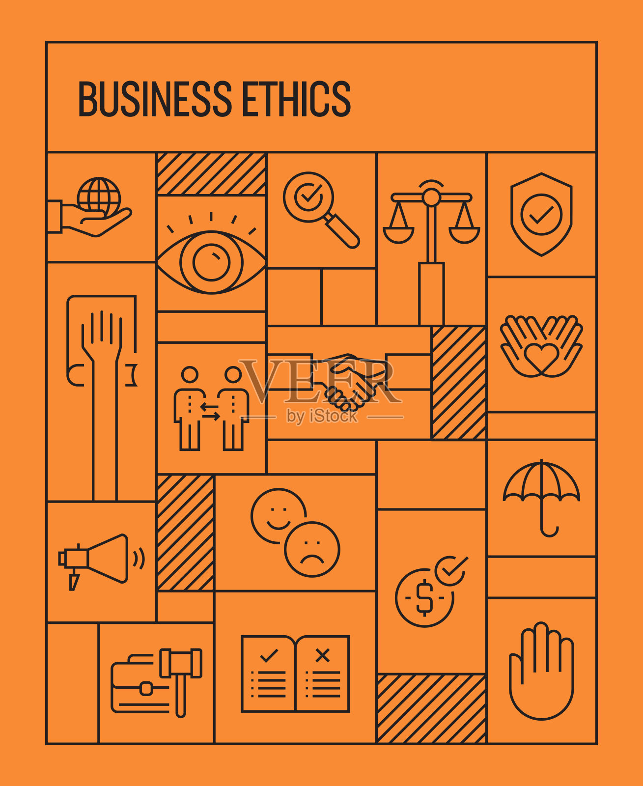 商业道德理念。几何复古风格的横幅和海报概念与商业道德线图标插画图片素材