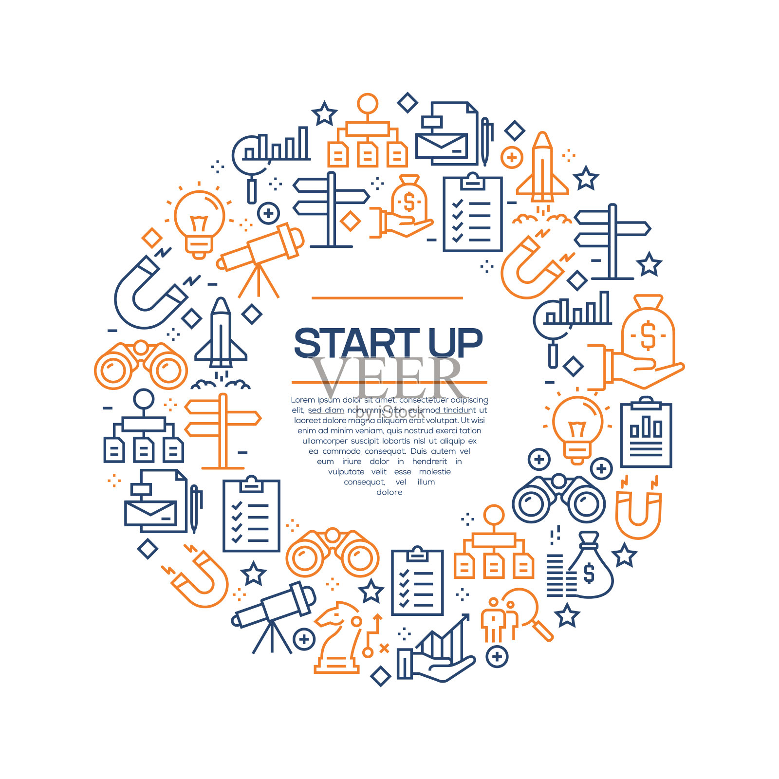 启动概念-彩色线图标，排列在圆形插画图片素材