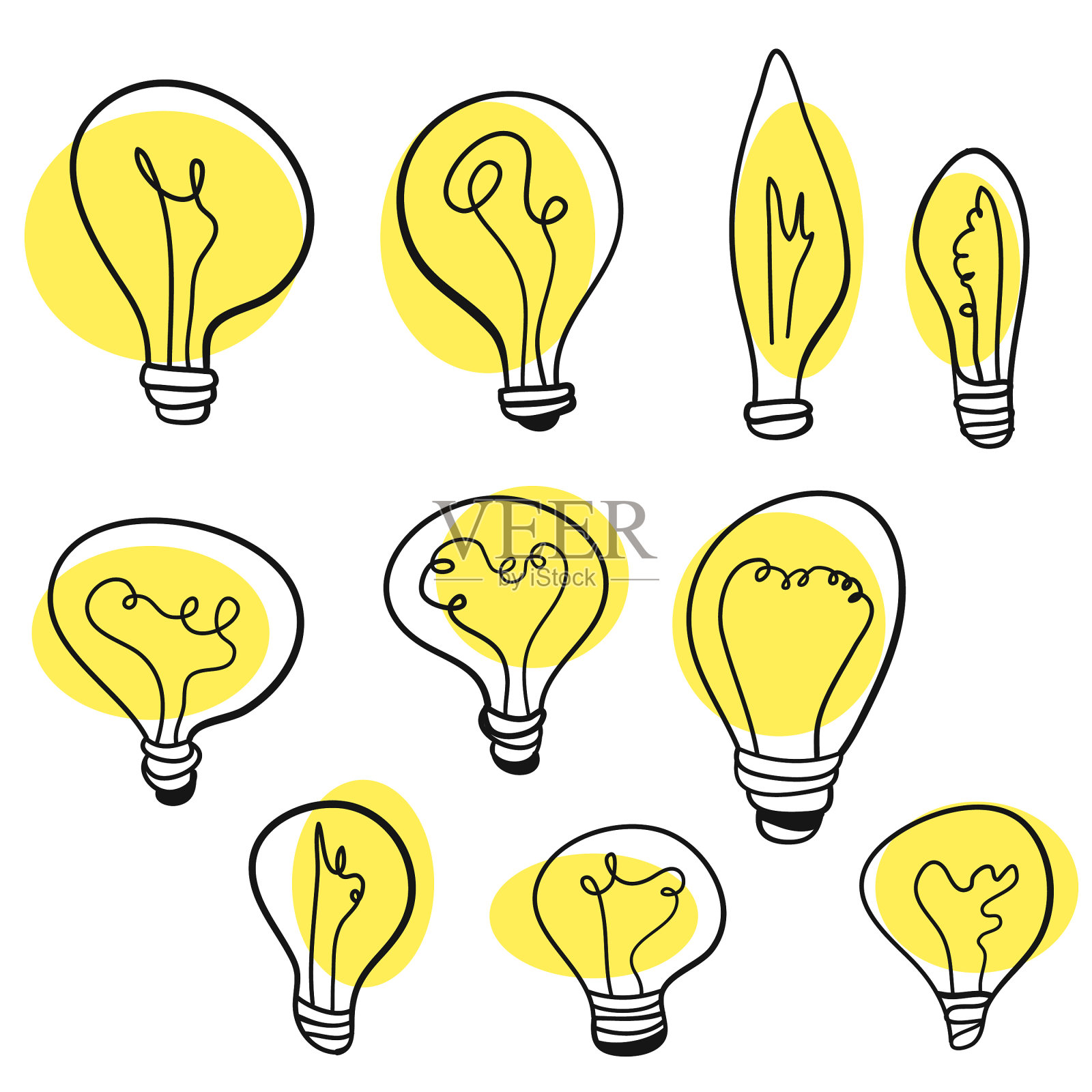 灯泡集合铅笔画插画图片素材