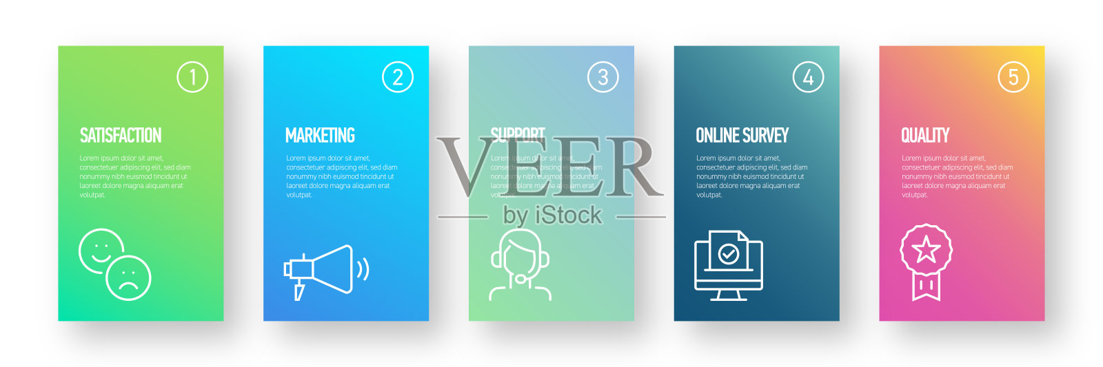 客户满意信息图设计模板的图标和5个选项或步骤的流程图，演示文稿，工作流程布局，横幅，流程图，信息图。插画图片素材
