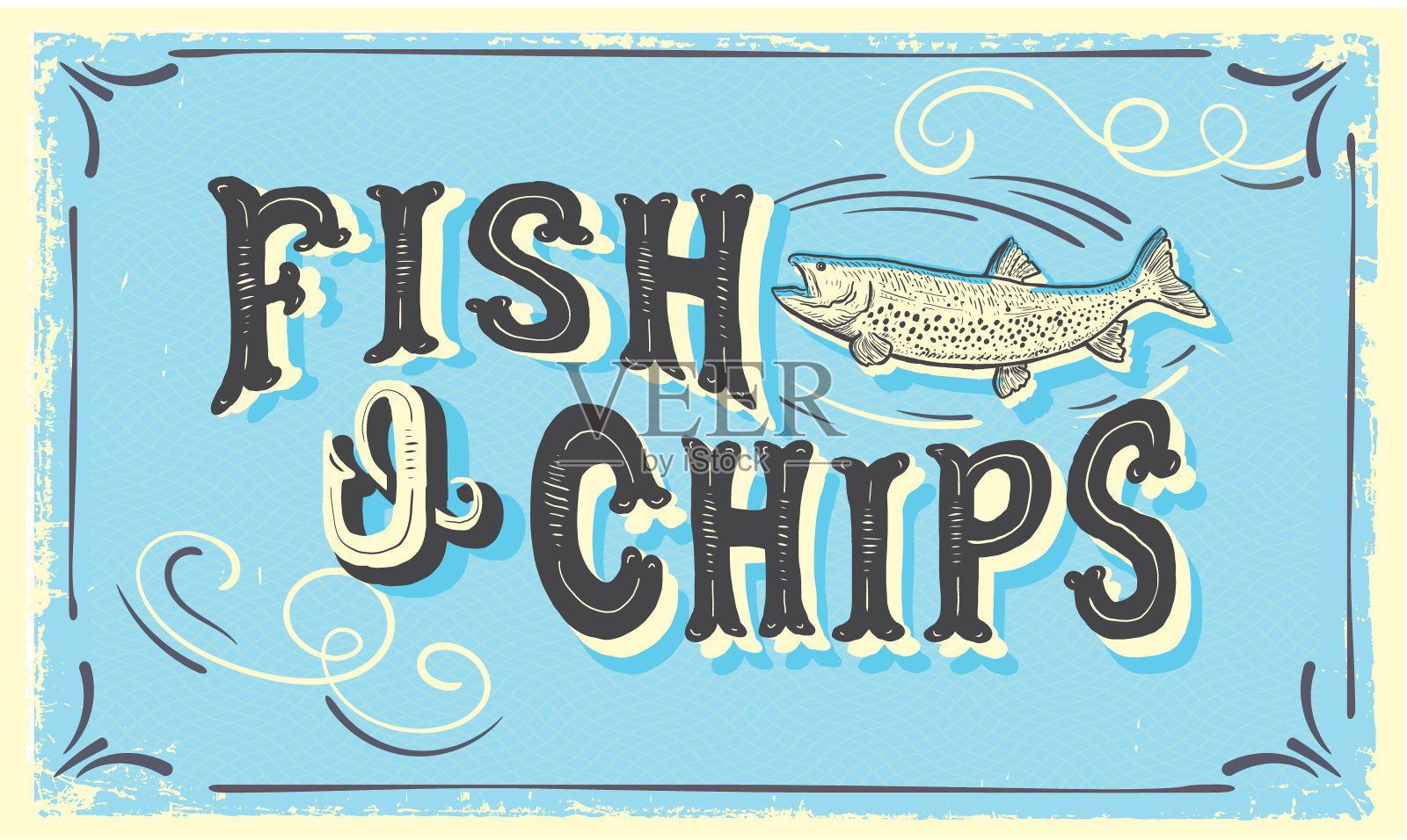 可爱的手写“Fish N’Chips”标志上有鱼和很多的纹理插画图片素材