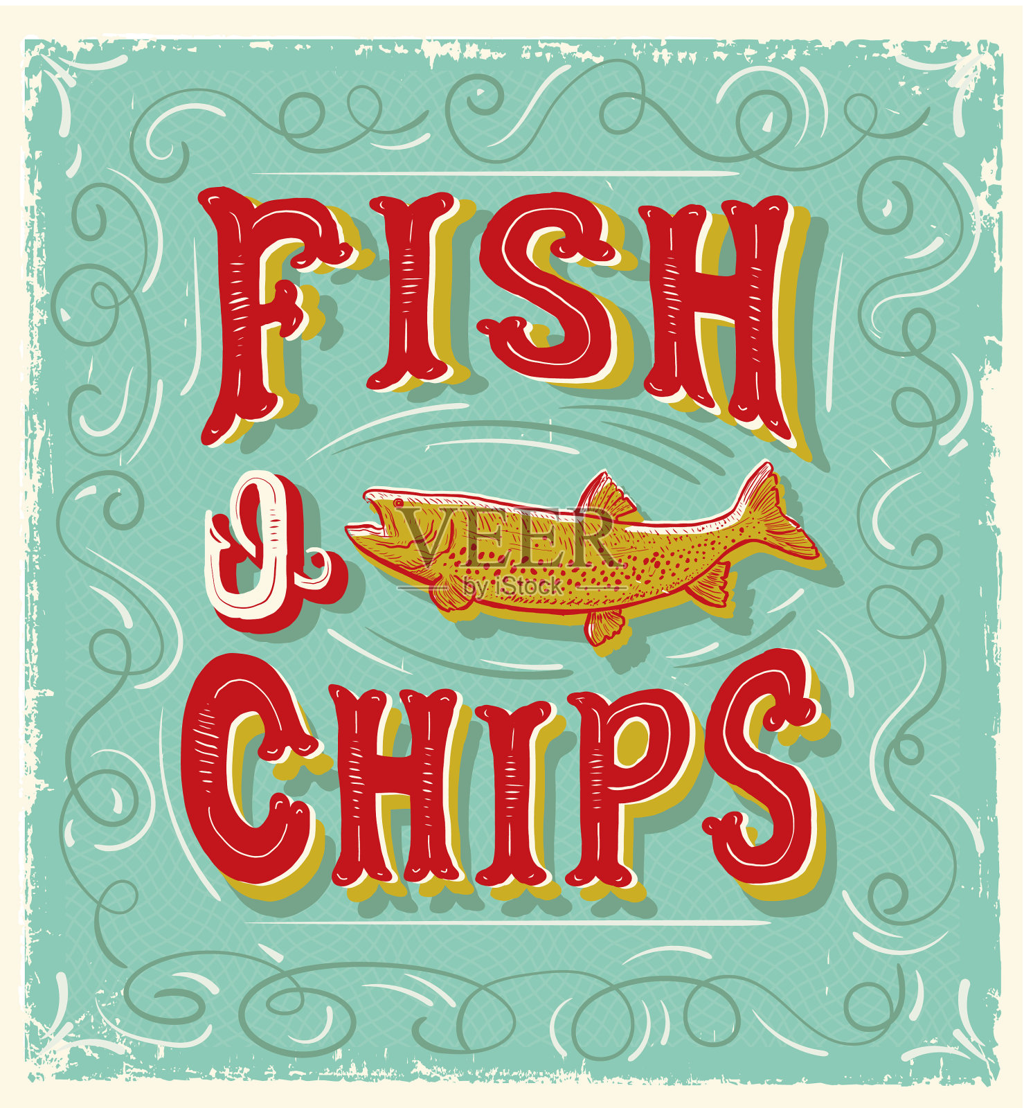 可爱的手写“Fish N’Chips”标志上有鱼和很多的纹理插画图片素材