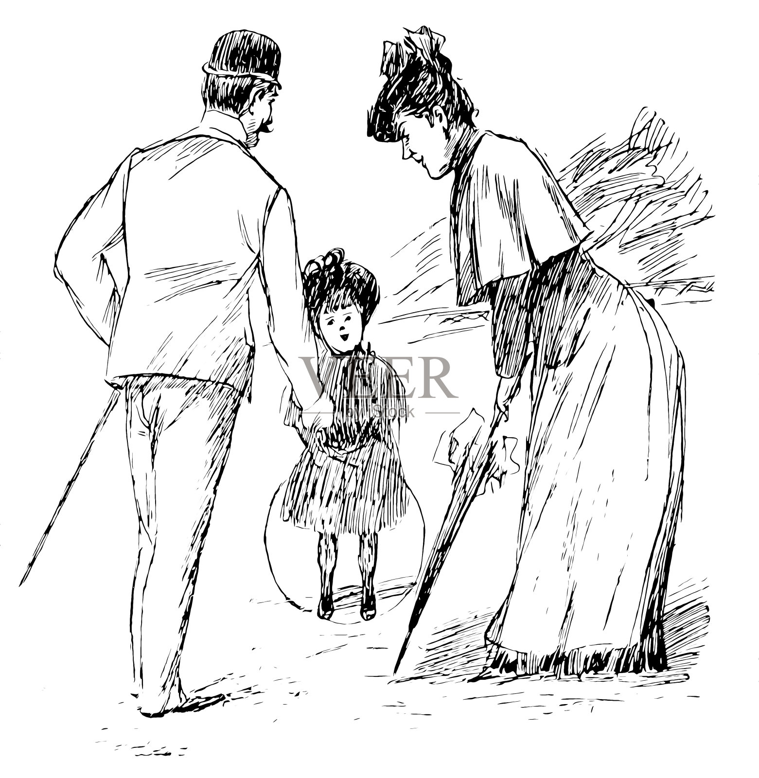 维多利亚家庭在公园散步插画图片素材