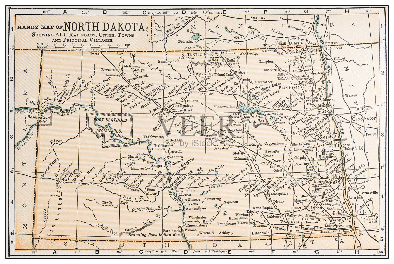 古董复古美国地图:北达科他州插画图片素材