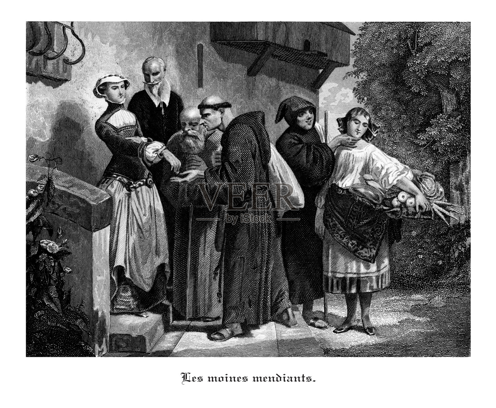 乞丐和尚，法国古代修道院雕刻插图，1846年插画图片素材