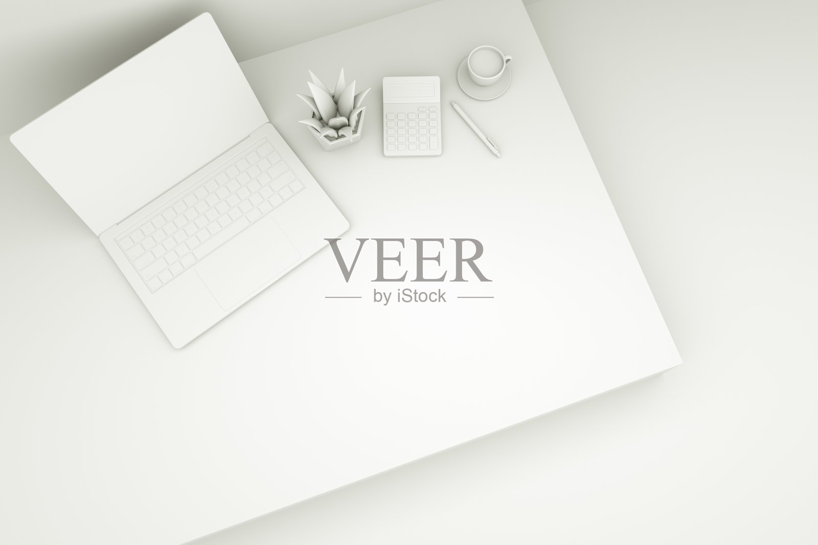 白色当代热桌办公室设置与笔记本电脑，计算器，植物，咖啡和笔，3d渲染，最小的想法概念。照片摄影图片