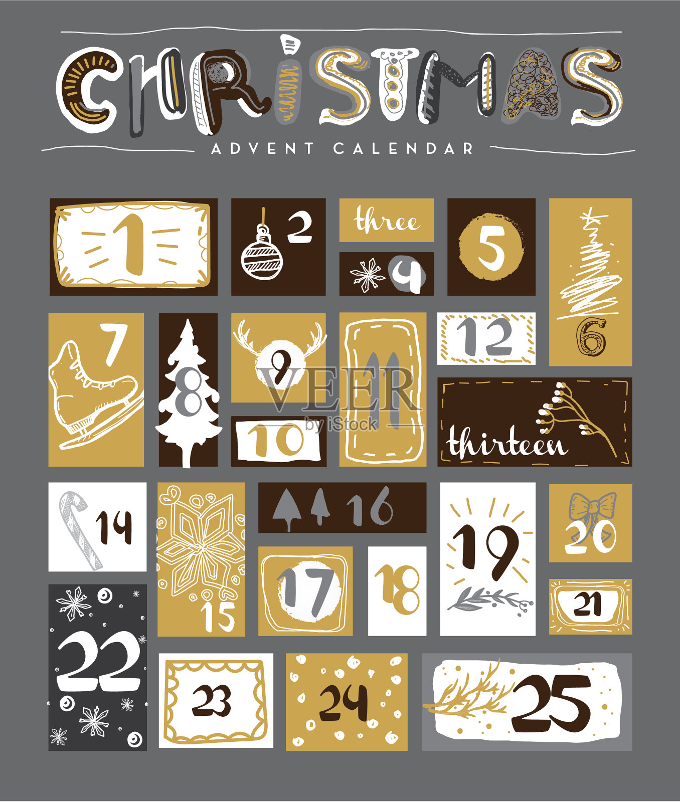 彩色的圣诞假期降临历设计集与线图标和数字设计插画图片素材