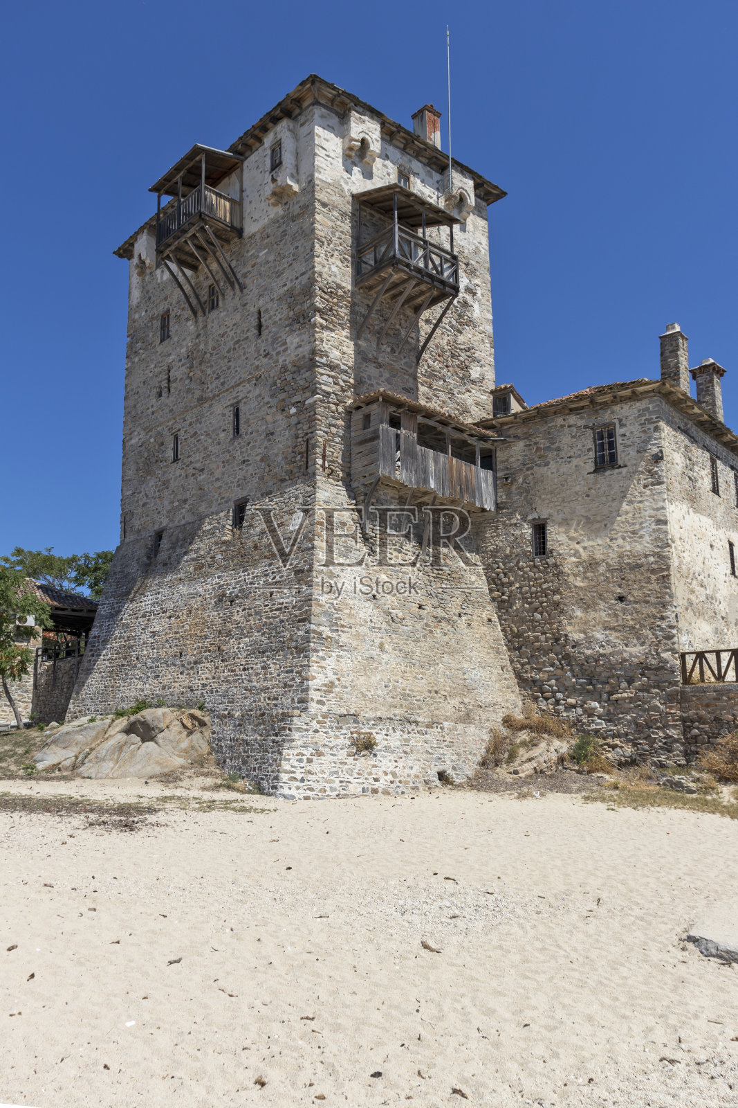 希腊，马其顿中部，查尔基迪基，阿索斯，乌拉诺波利镇的老塔照片摄影图片