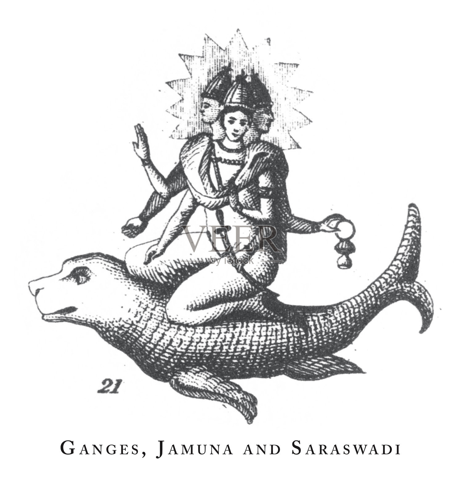 恒河、贾穆纳河和萨拉斯瓦地、印度教和佛教的宗教符号和宗教器具雕刻古董插图，1851年出版插画图片素材