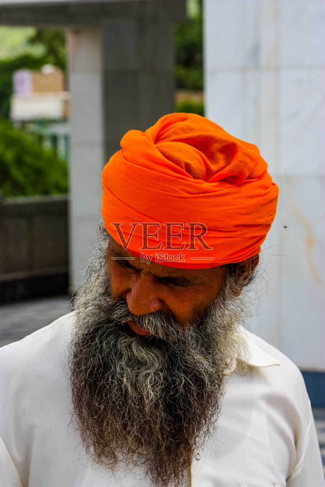 印度普什卡，一名留着长胡子、缠着头巾的锡克教徒照片摄影图片