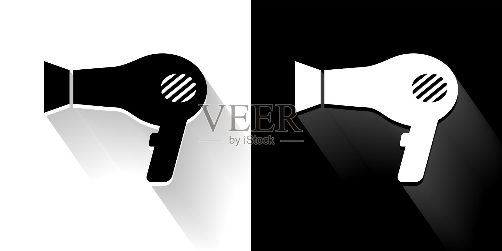 吹风机黑色和白色图标与长阴影插画图片素材