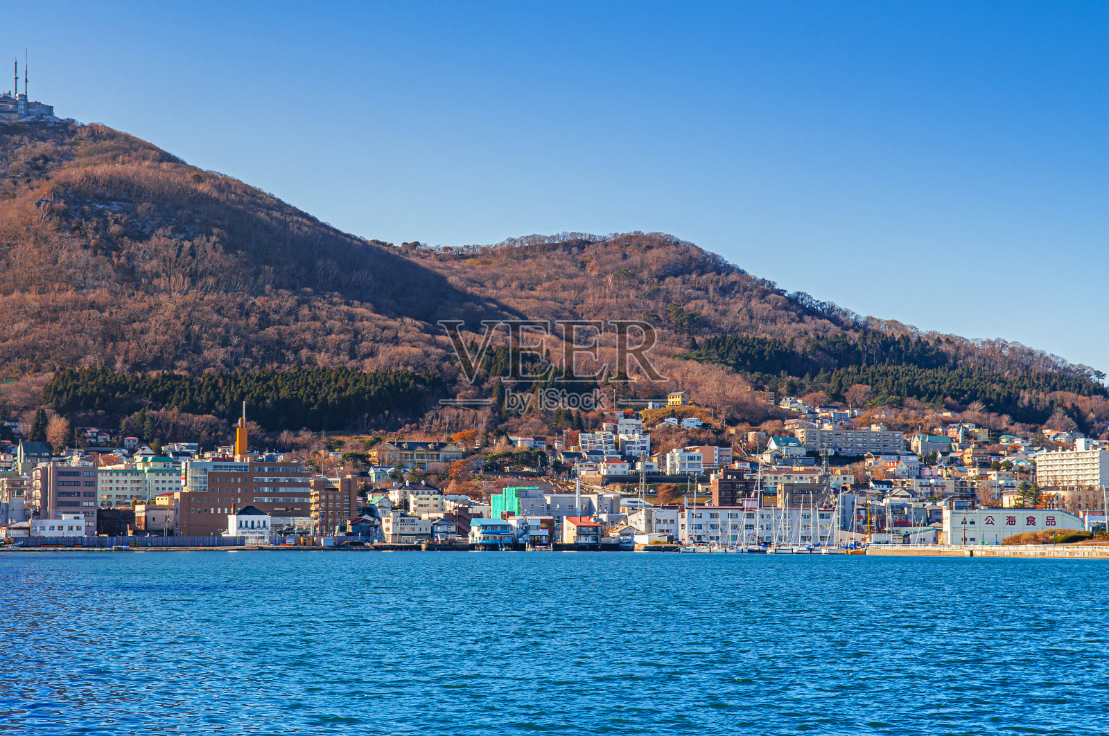 函馆蓝港湾湾和本町市景建筑与函馆山照片摄影图片