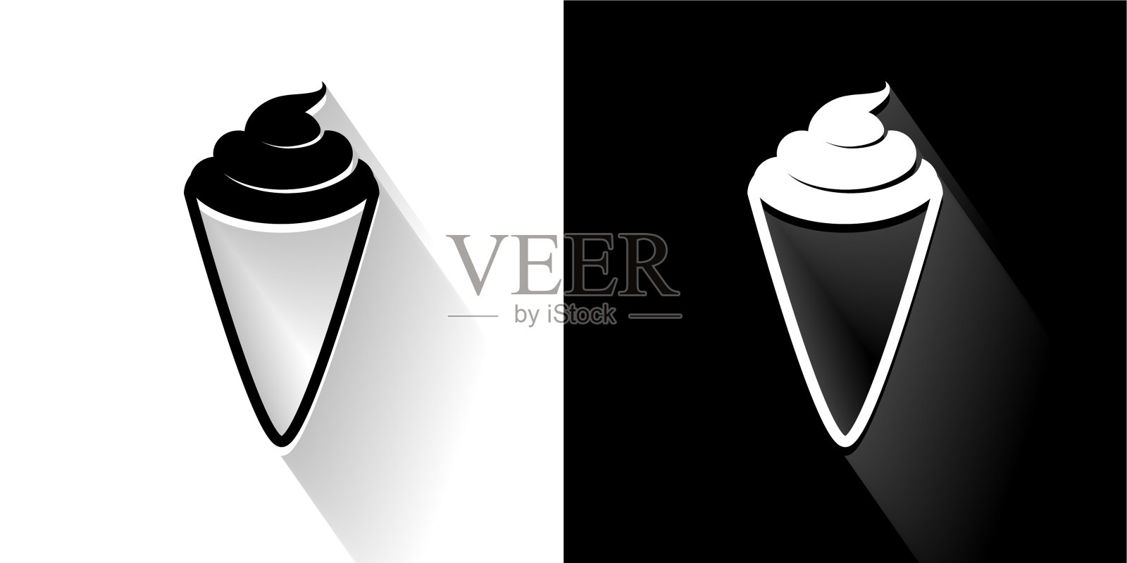 冰淇淋甜筒黑色和白色图标与长阴影插画图片素材
