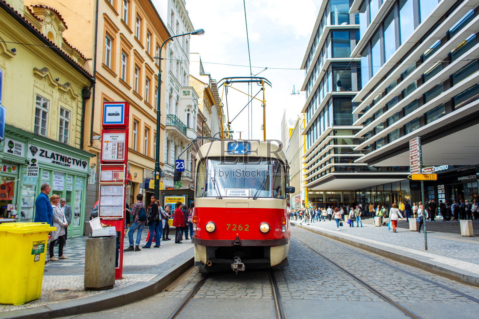 布拉格城市交通：老城区街道上的有轨电车照片摄影图片